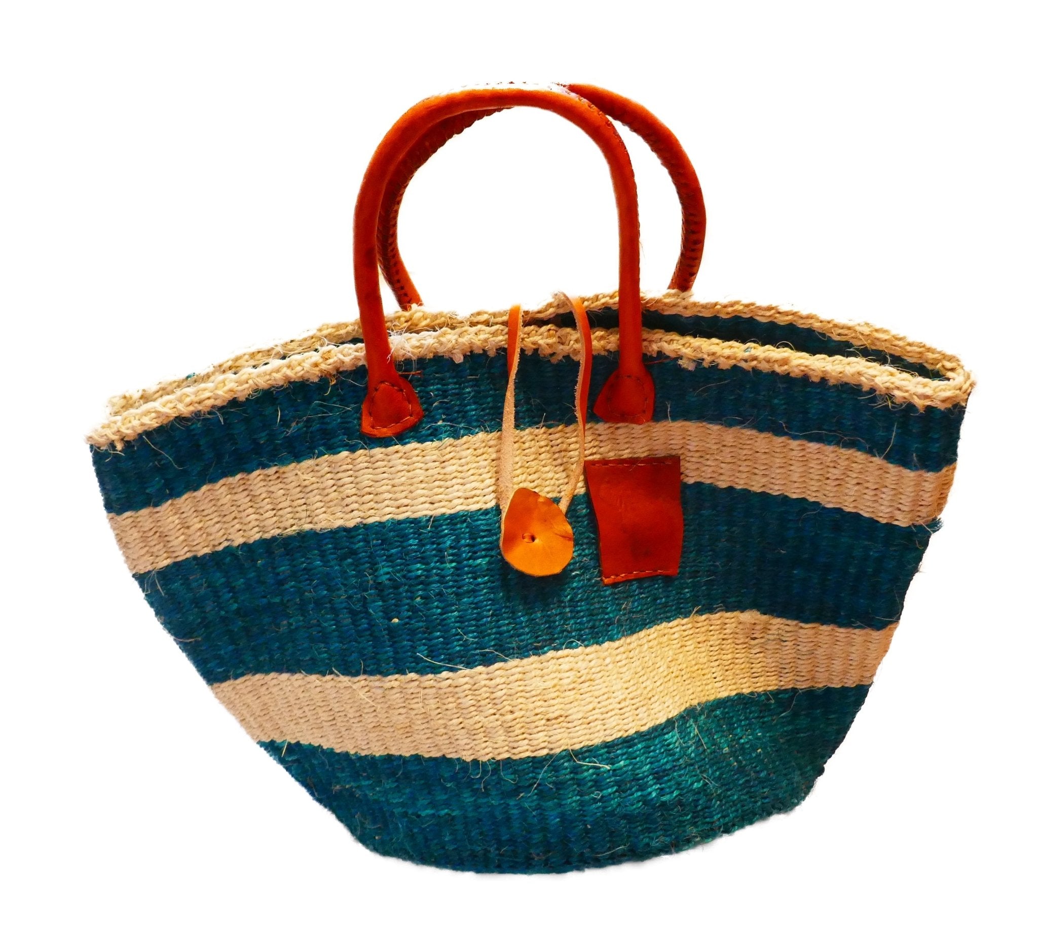 Large African Sisal Tote Bag // Shopping Beach Bag // Leather handles // Wild Animal motif // Blues & natural - FriendlyTradingCo
