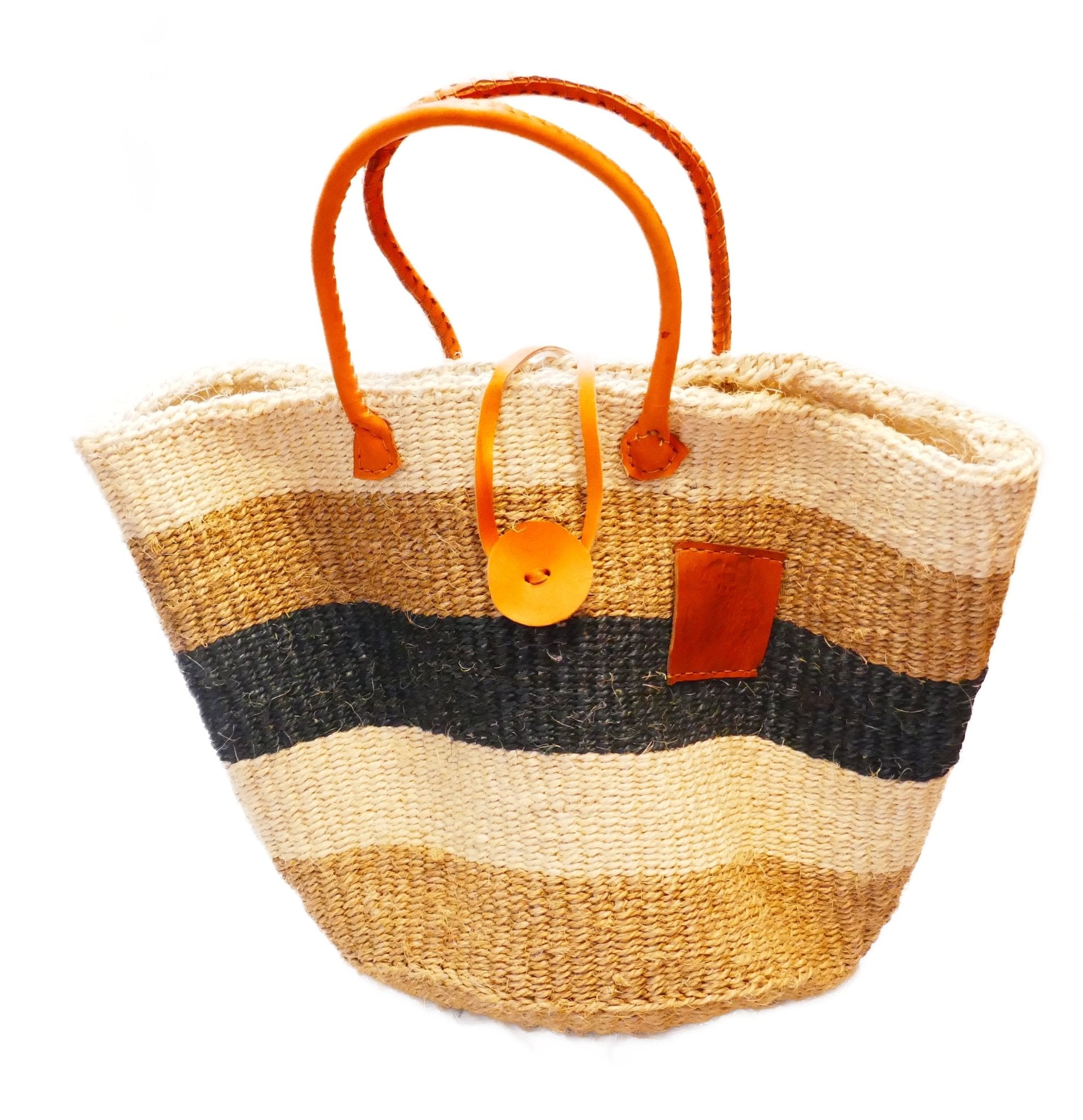 Large African Sisal Tote Bag // Shopping Beach Bag // Leather handles // Wild Animal motif // Blues & natural - FriendlyTradingCo