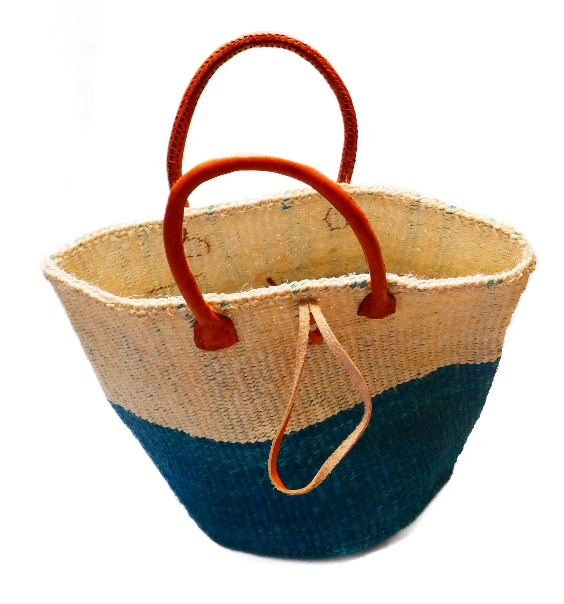 Large African Sisal Tote Bag // Shopping Beach Bag // Leather handles // Wild Animal motif // Blues & natural - FriendlyTradingCo