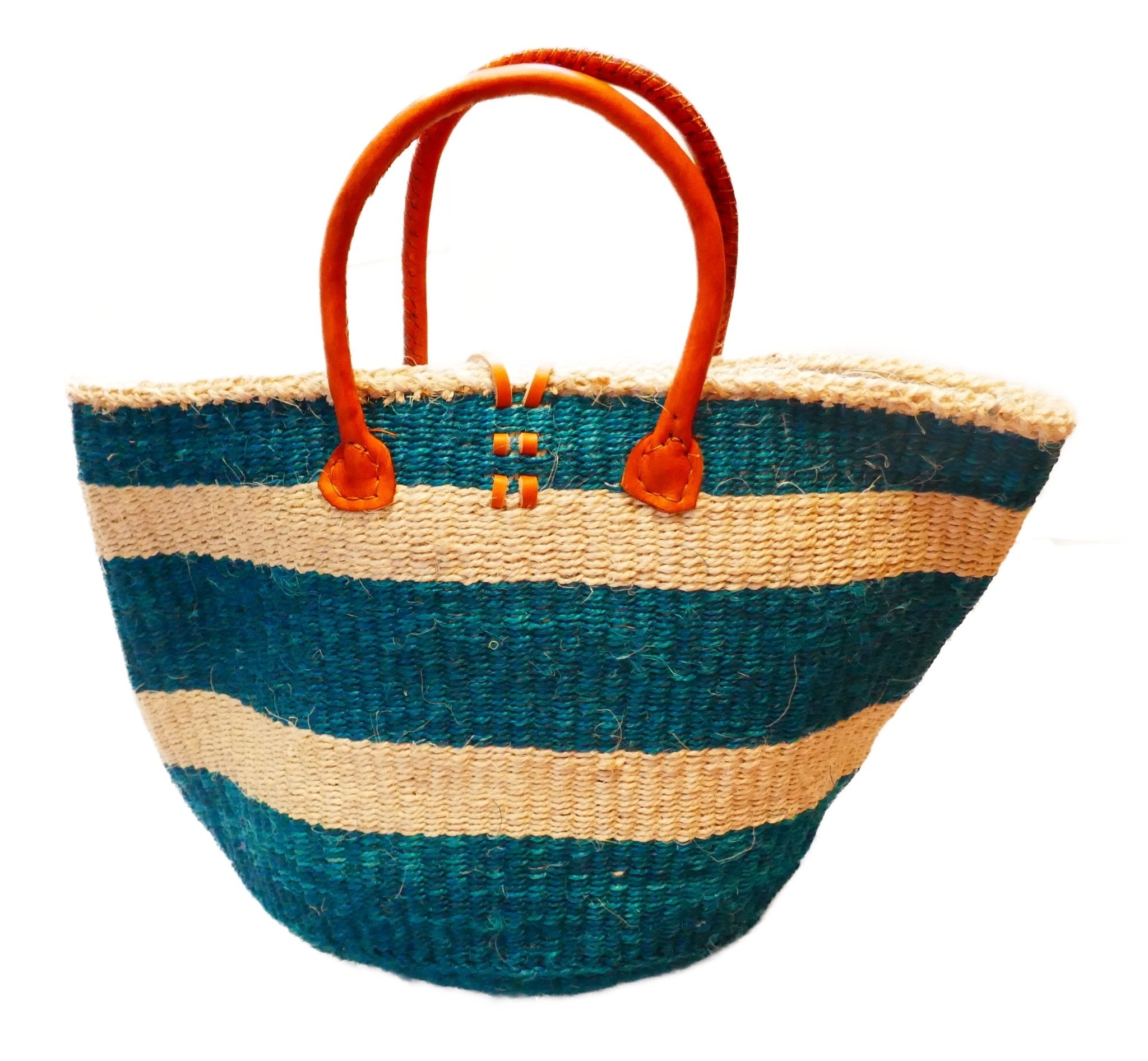 Large African Sisal Tote Bag // Shopping Beach Bag // Leather handles // Wild Animal motif // Blues & natural - FriendlyTradingCo