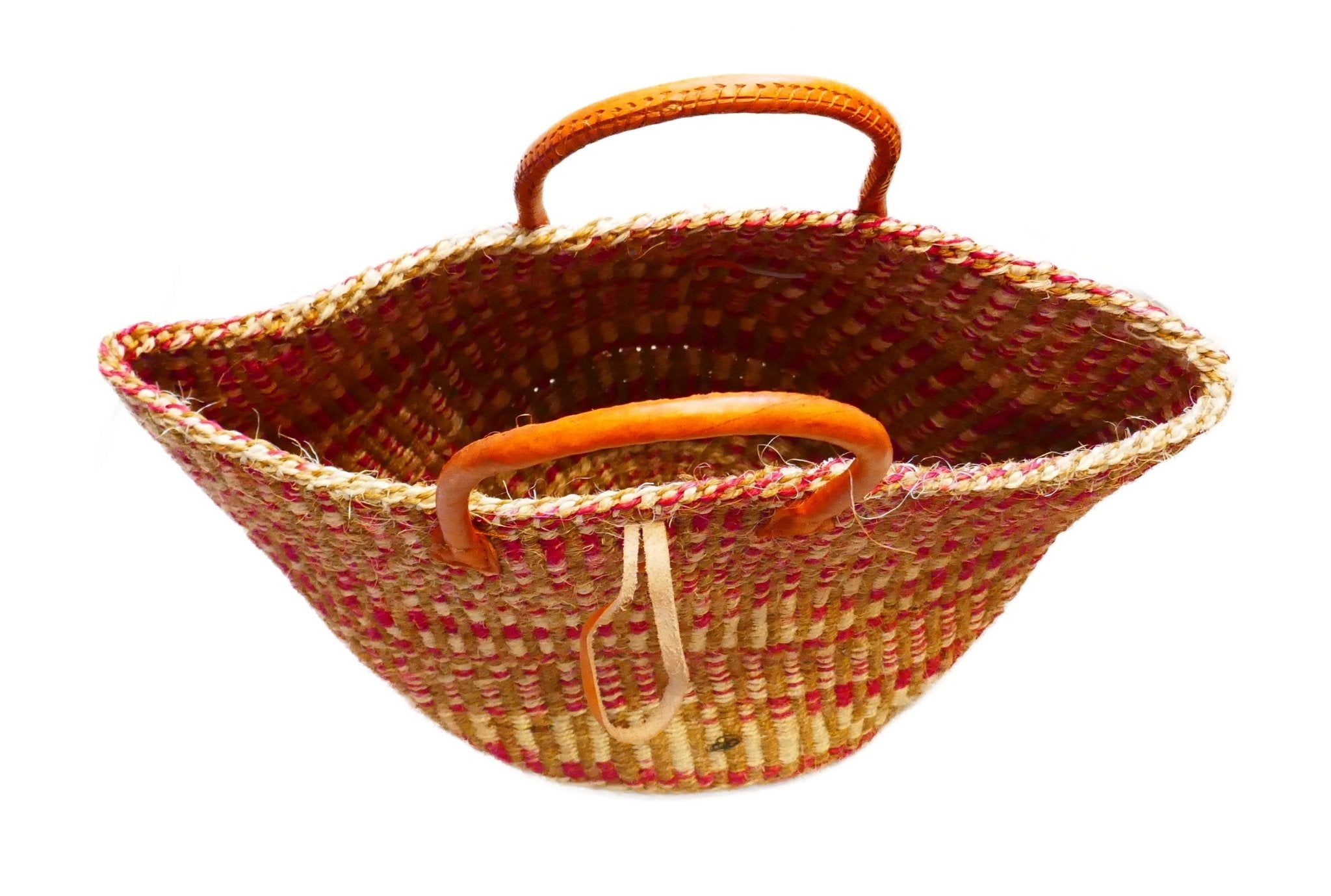 Large African Sisal Tote Bag // Shopping Beach Bag // Leather handles // Wild Animal motif // Natural orange - FriendlyTradingCo