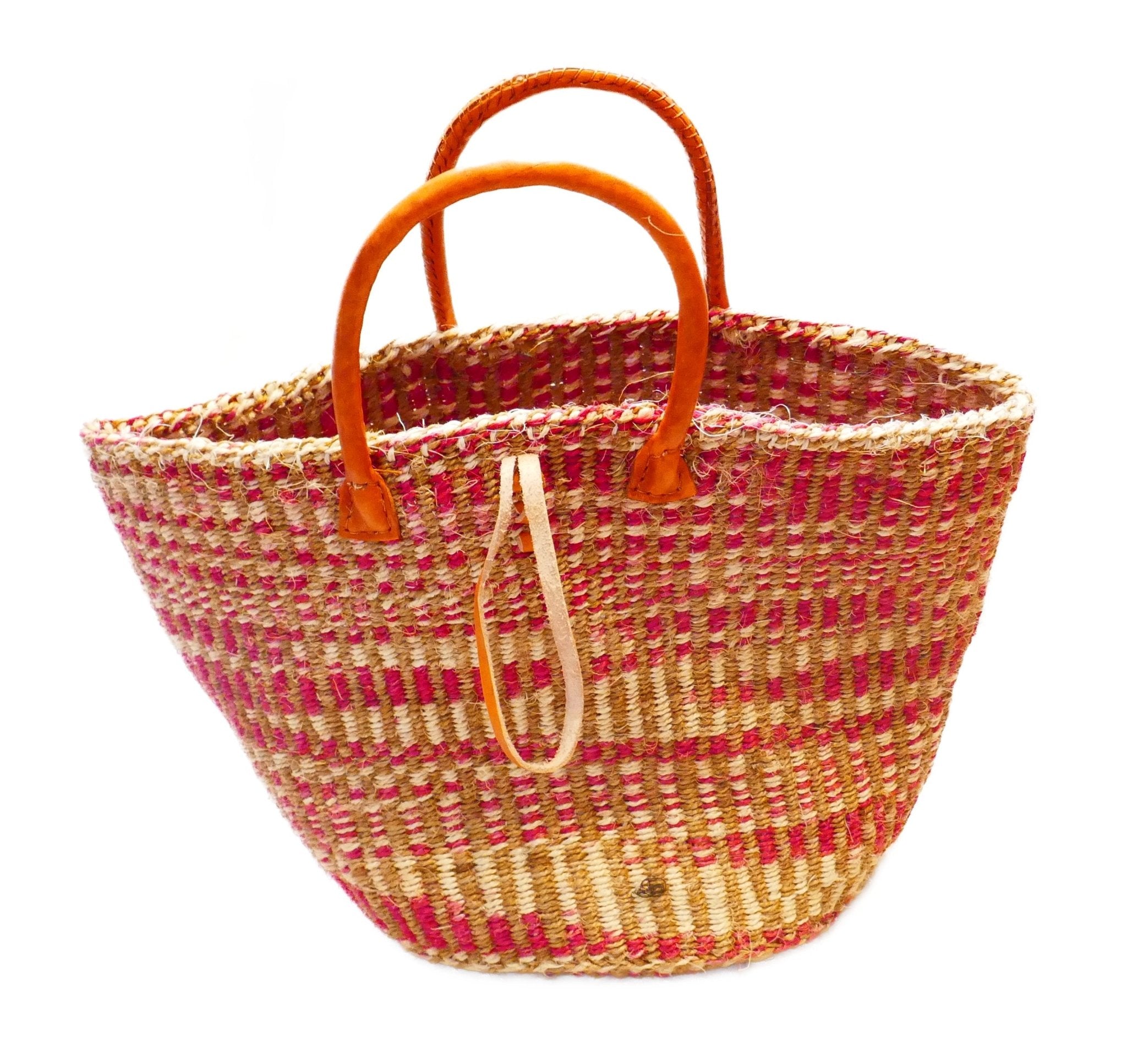 Large African Sisal Tote Bag // Shopping Beach Bag // Leather handles // Wild Animal motif // Natural orange - FriendlyTradingCo