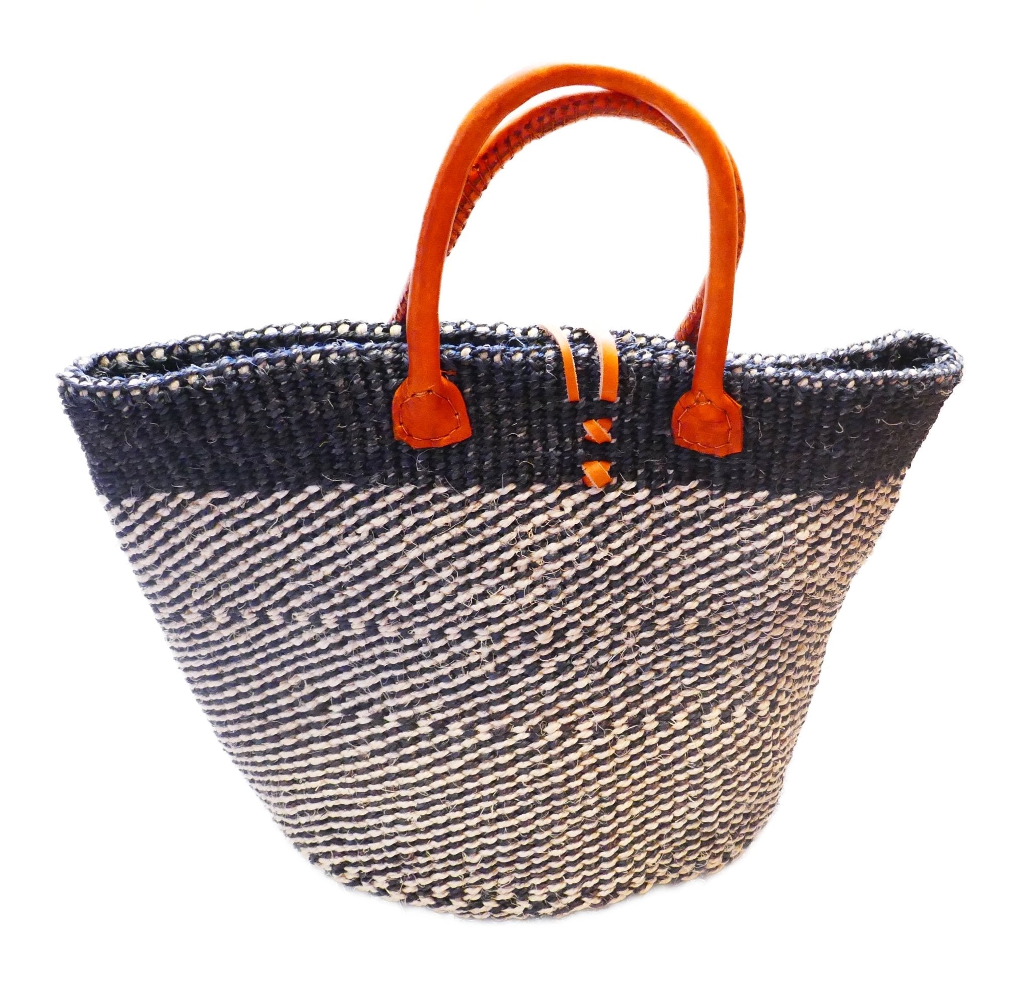 Large African Sisal Tote Bag // Shopping Beach Bag // Leather handles // Wild Animal motif // Natural with black design - FriendlyTradingCo