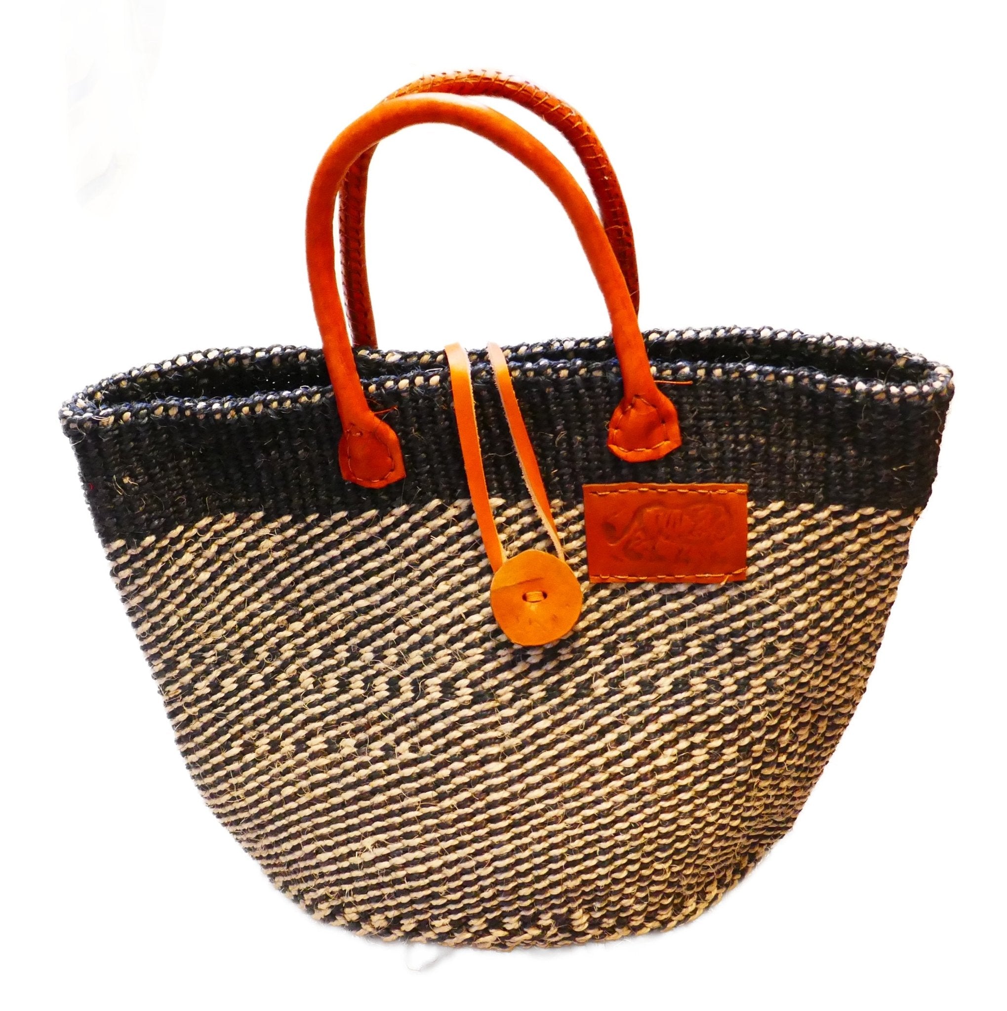 Large African Sisal Tote Bag // Shopping Beach Bag // Leather handles // Wild Animal motif // Natural with black design - FriendlyTradingCo
