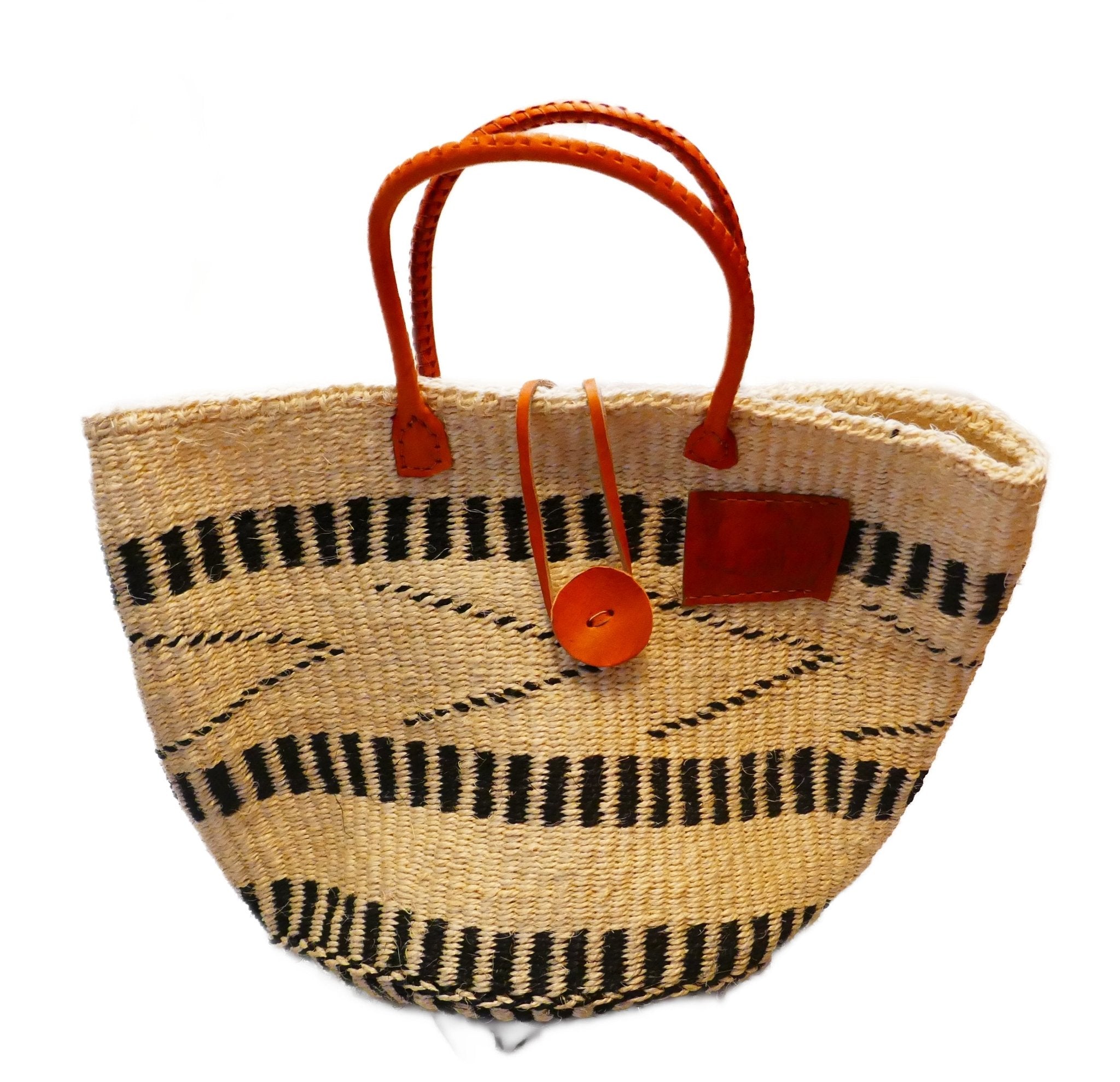 Large African Sisal Tote Bag // Shopping Beach Bag // Leather handles // Wild Animal motif // Natural with black design - FriendlyTradingCo
