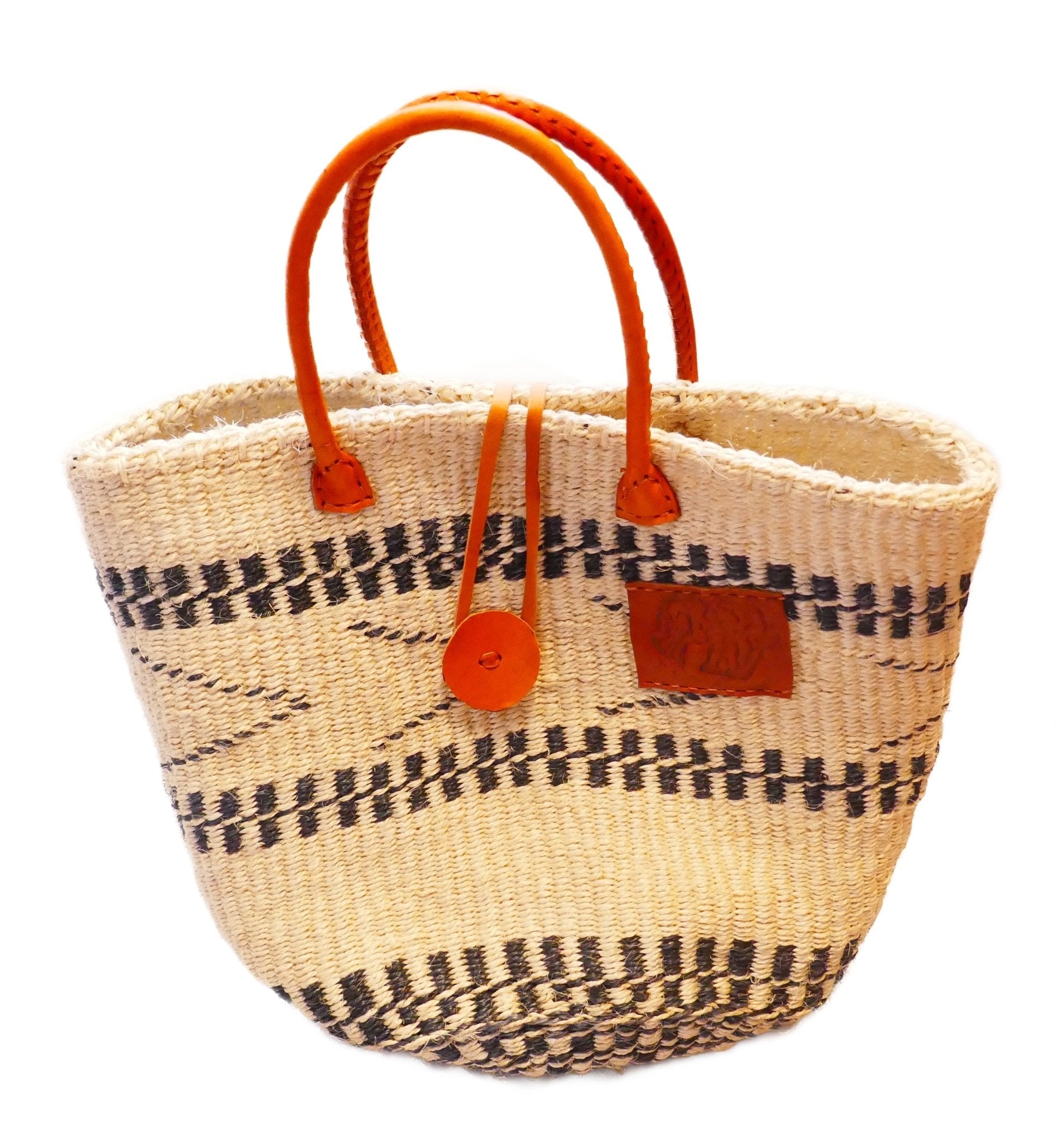 Large African Sisal Tote Bag // Shopping Beach Bag // Leather handles // Wild Animal motif // Natural with black design - FriendlyTradingCo