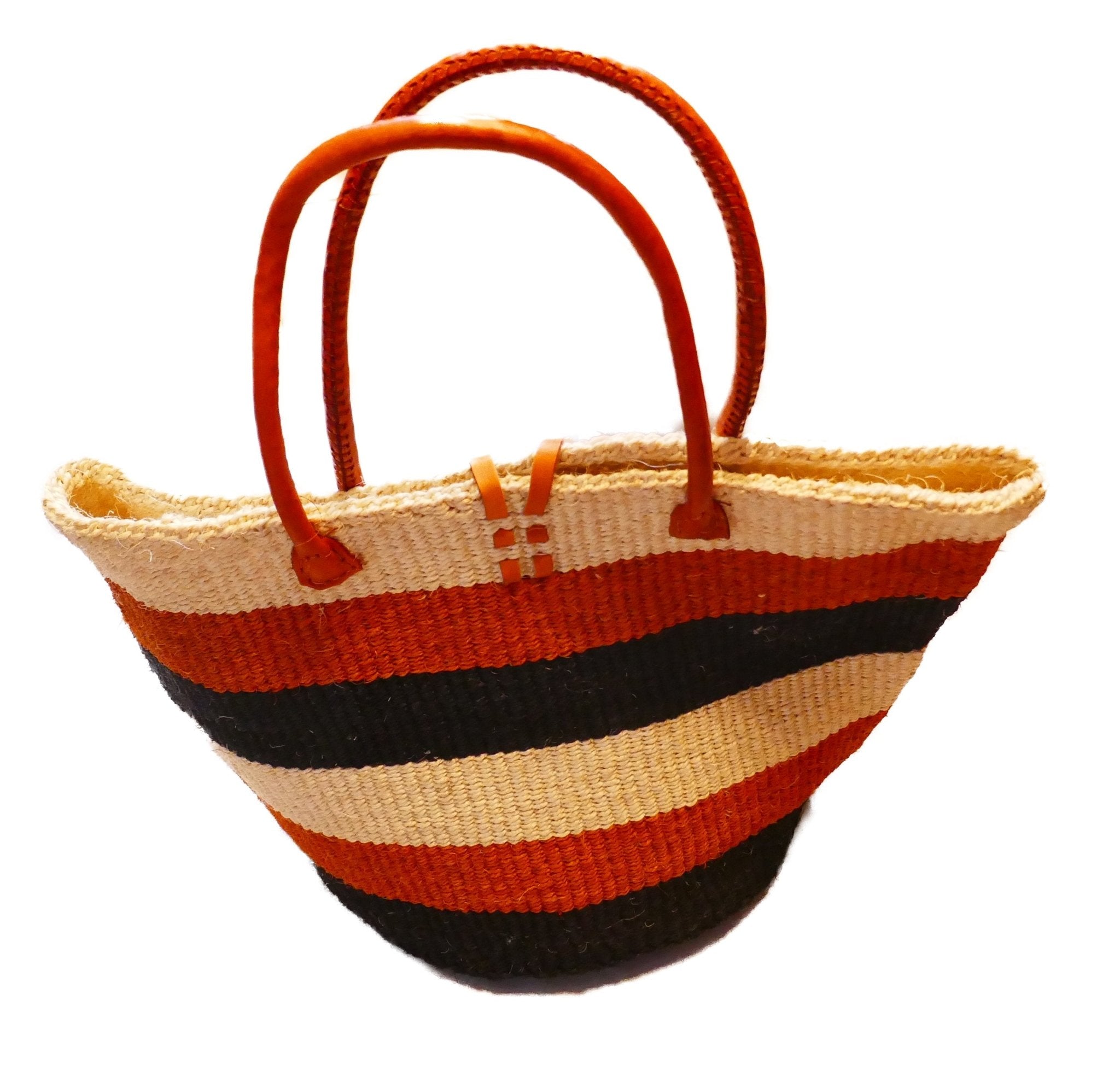 Large African Sisal Tote Bag // Shopping Beach Bag // Leather handles // Wild Animal motif // Orange & natural - FriendlyTradingCo