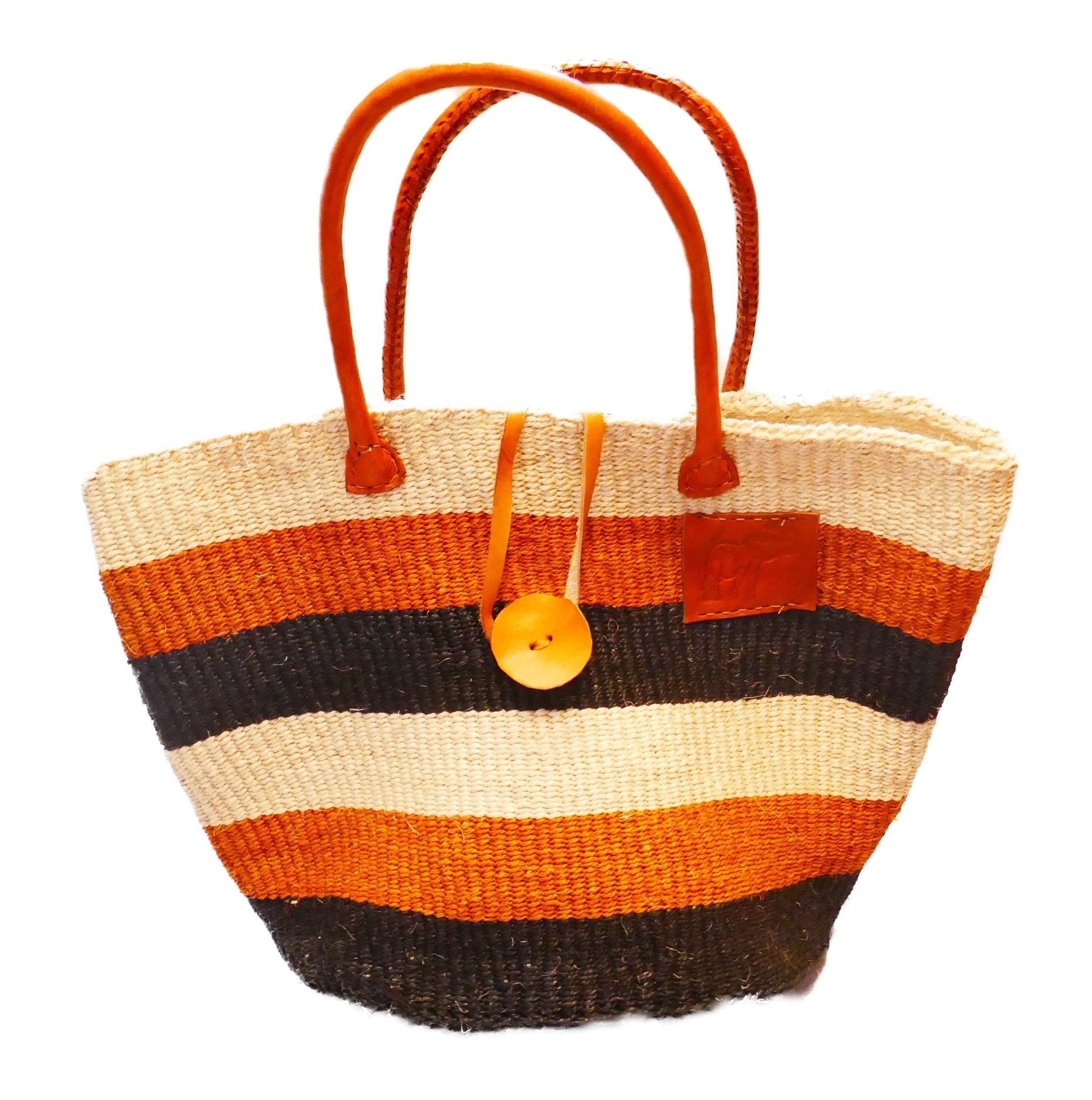 Large African Sisal Tote Bag // Shopping Beach Bag // Leather handles // Wild Animal motif // Orange & natural - FriendlyTradingCo