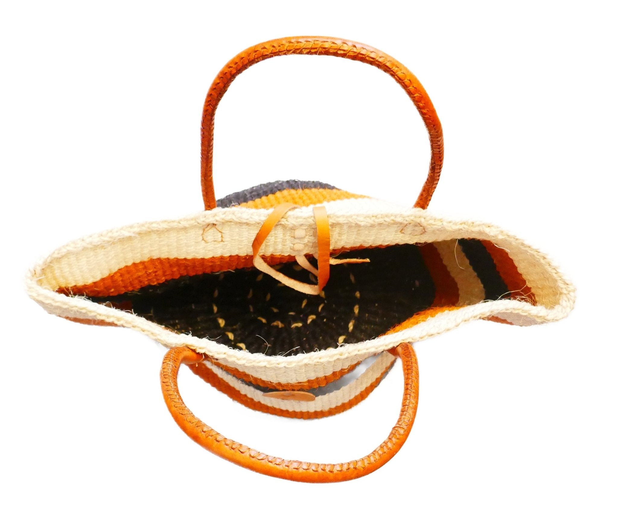 Large African Sisal Tote Bag // Shopping Beach Bag // Leather handles // Wild Animal motif // Orange & natural - FriendlyTradingCo