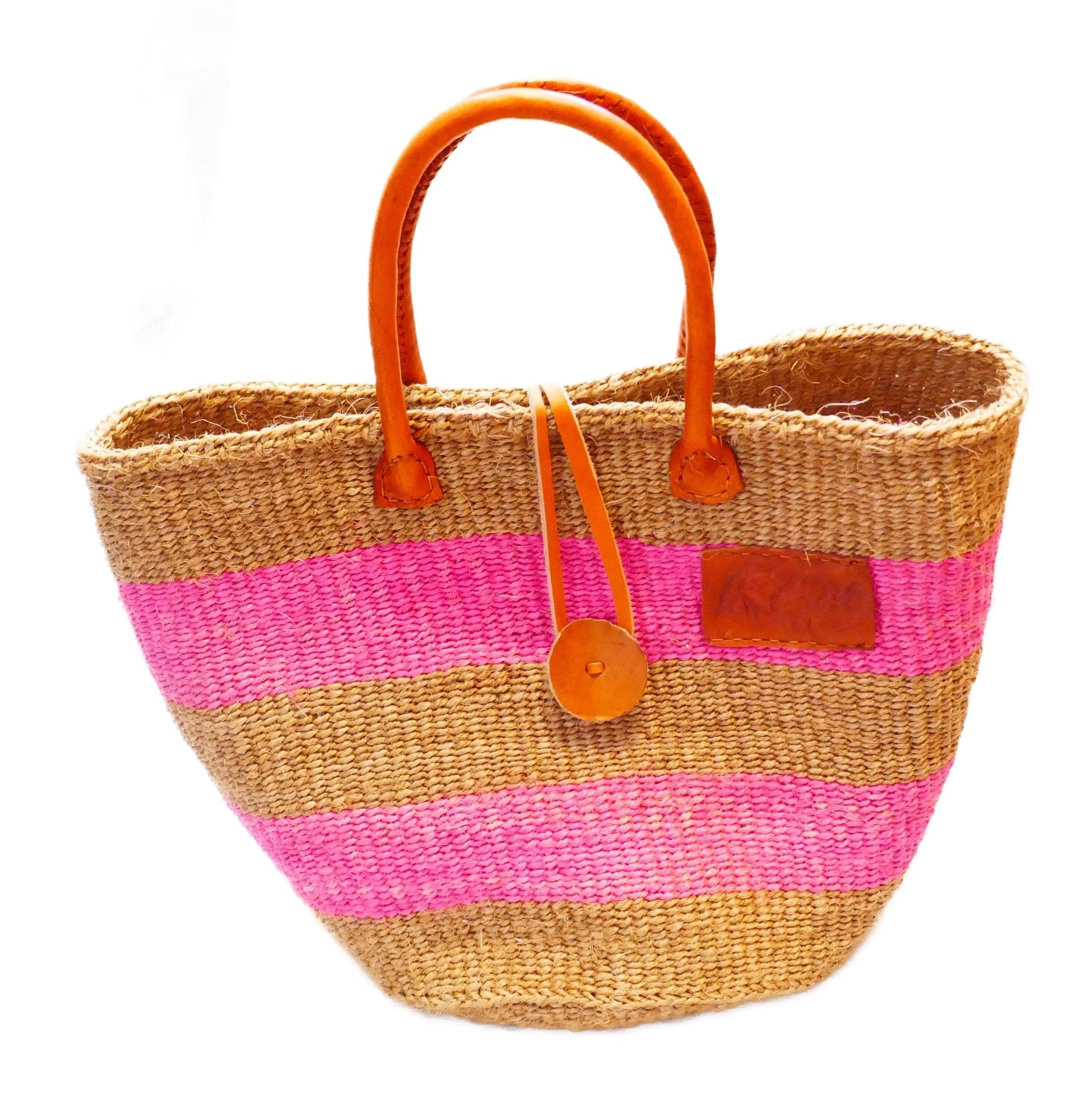 Large African Sisal Tote Bag // Shopping Beach Bag // Leather handles // Wild Animal motif // Pinks & natural - FriendlyTradingCo