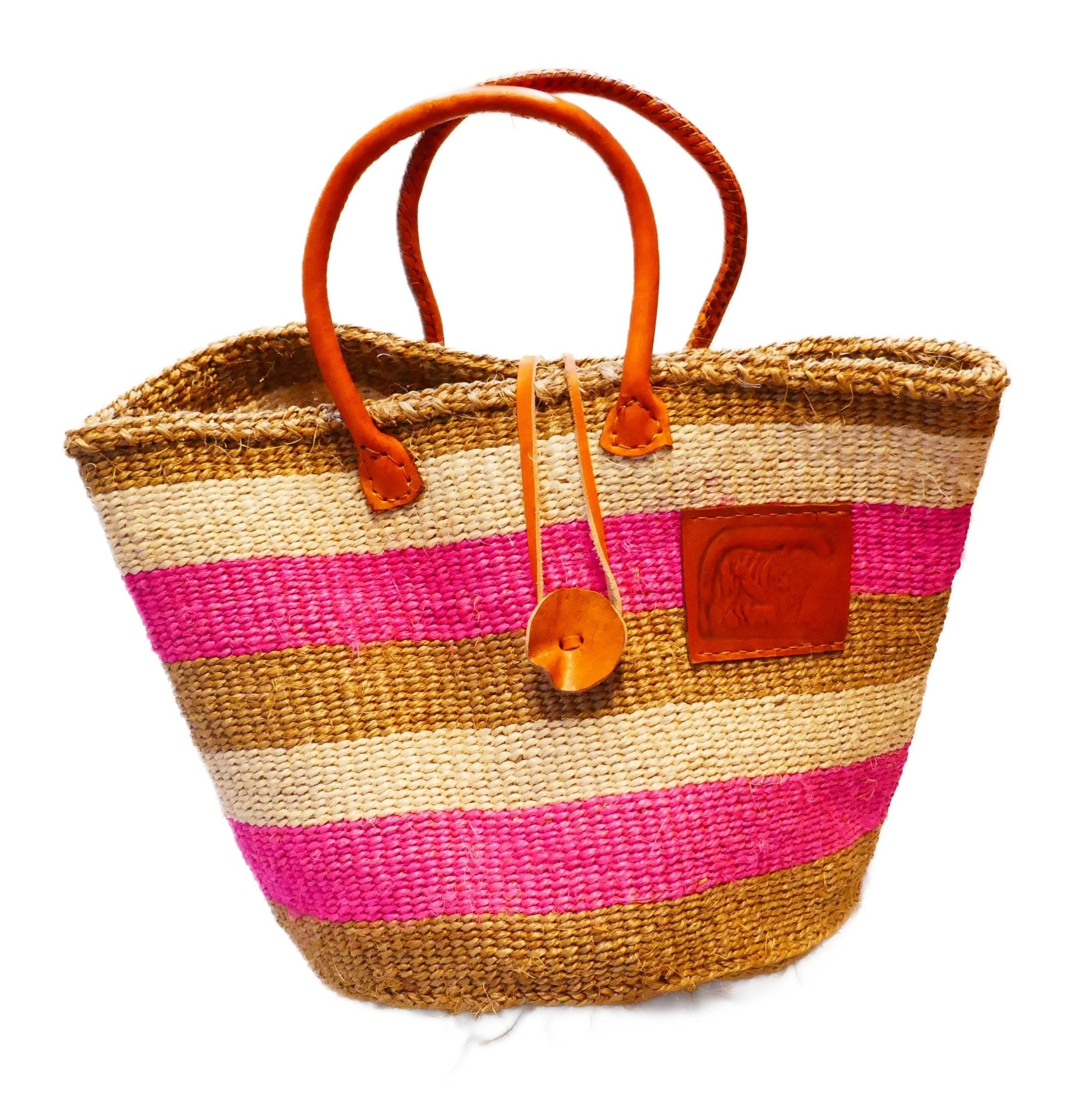 Large African Sisal Tote Bag // Shopping Beach Bag // Leather handles // Wild Animal motif // Pinks & natural - FriendlyTradingCo