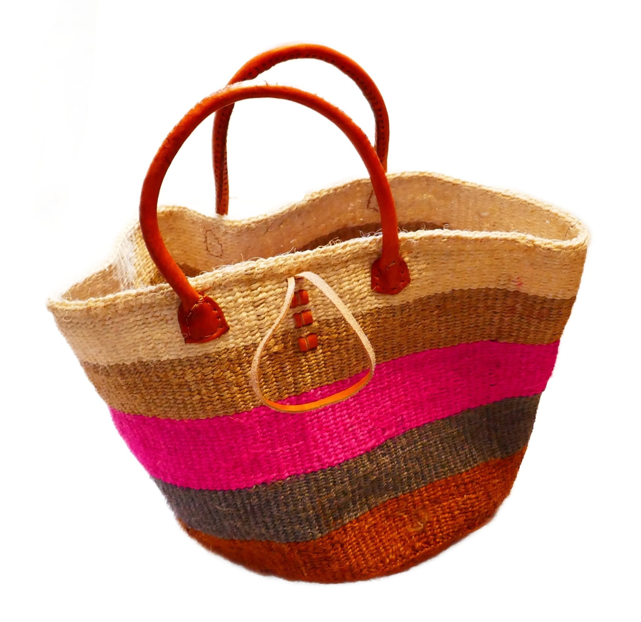 Large African Sisal Tote Bag // Shopping Beach Bag // Leather handles // Wild Animal motif // Pinks & natural - FriendlyTradingCo