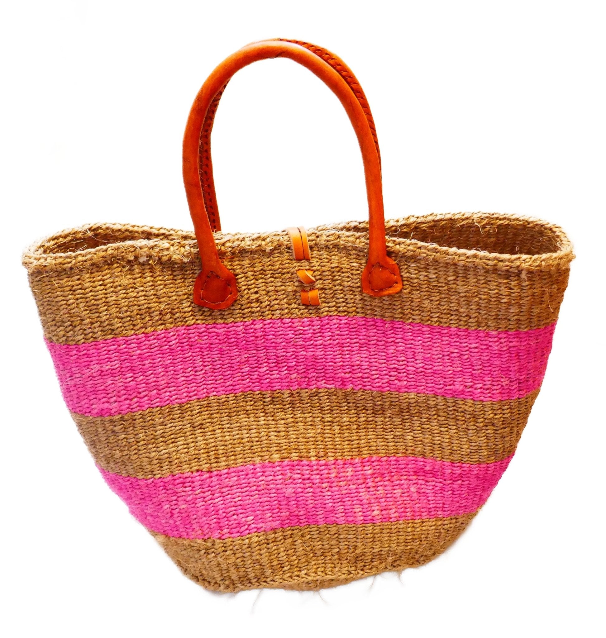 Large African Sisal Tote Bag // Shopping Beach Bag // Leather handles // Wild Animal motif // Pinks & natural - FriendlyTradingCo