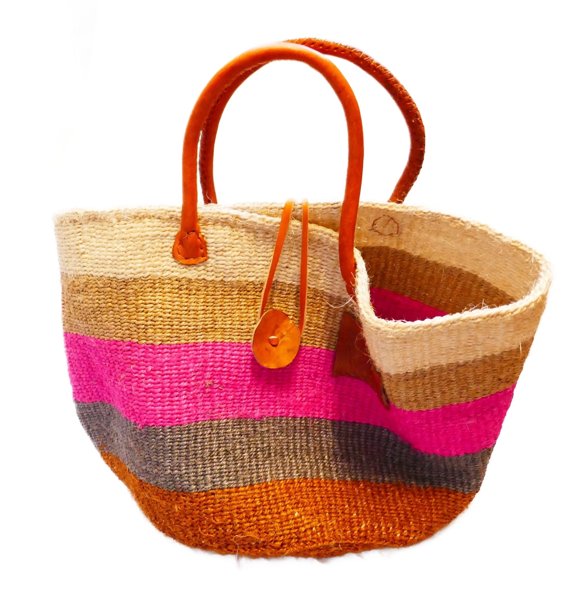 Large African Sisal Tote Bag // Shopping Beach Bag // Leather handles // Wild Animal motif // Pinks & natural - FriendlyTradingCo