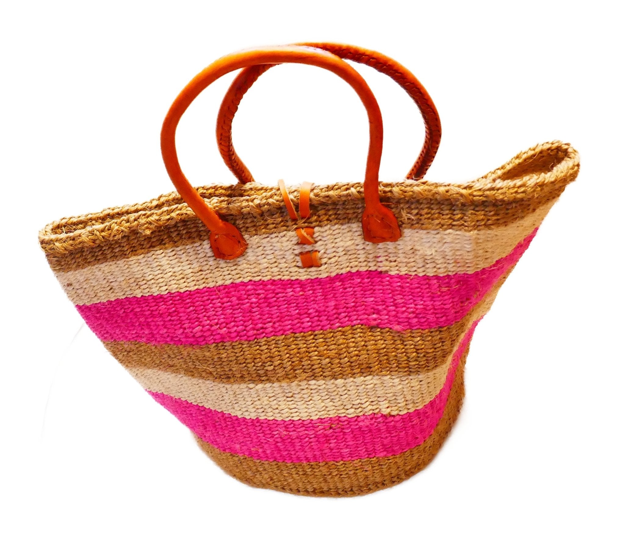 Large African Sisal Tote Bag // Shopping Beach Bag // Leather handles // Wild Animal motif // Pinks & natural - FriendlyTradingCo
