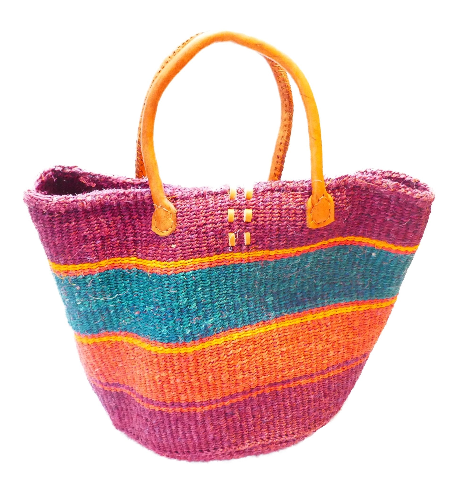 Large African Sisal Tote Bag // Shopping Beach Bag // Leather handles // Wild Animal motif // Pinks & natural - FriendlyTradingCo