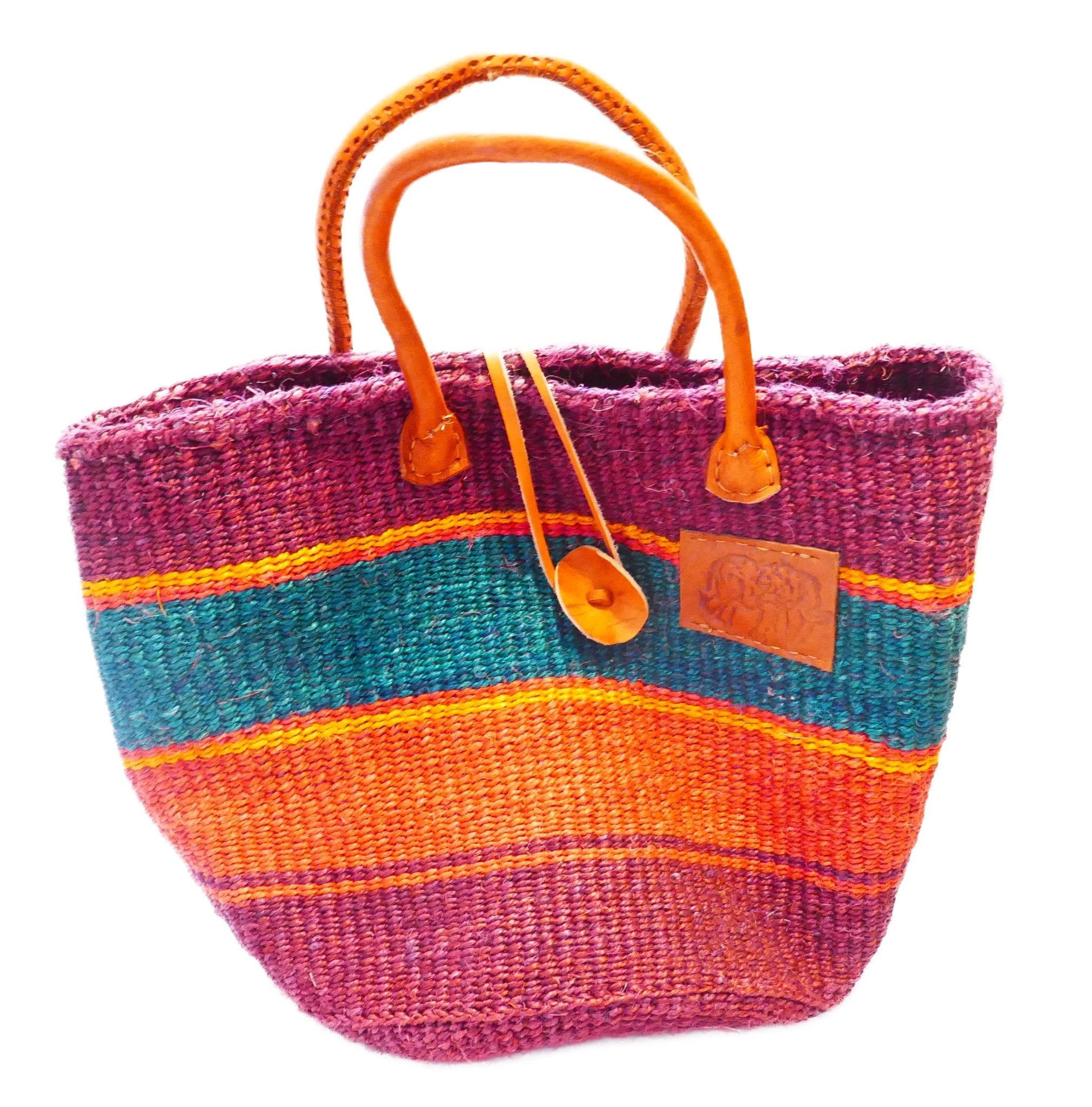 Large African Sisal Tote Bag // Shopping Beach Bag // Leather handles // Wild Animal motif // Pinks & natural - FriendlyTradingCo
