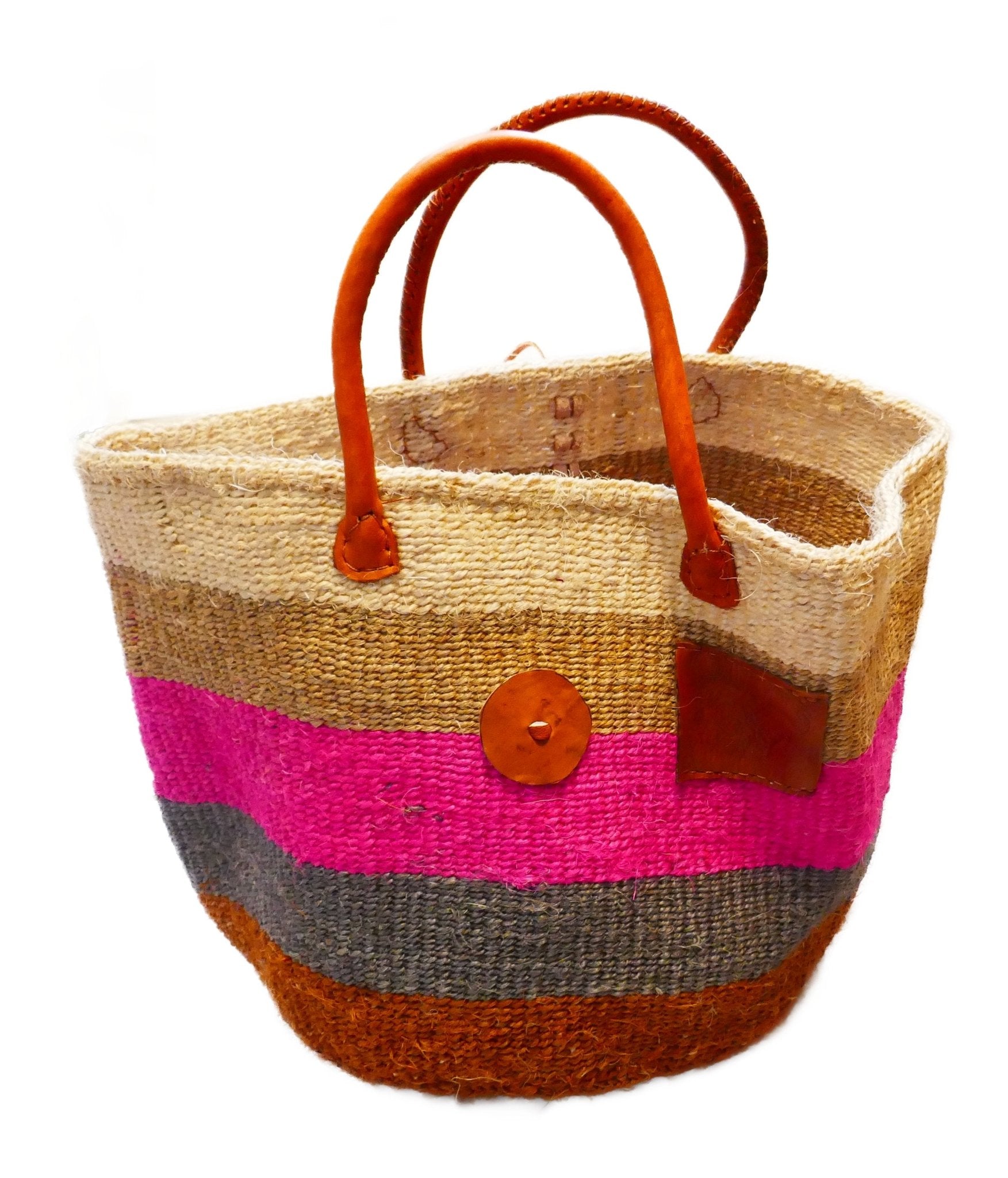 Large African Sisal Tote Bag // Shopping Beach Bag // Leather handles // Wild Animal motif // Pinks & natural - FriendlyTradingCo
