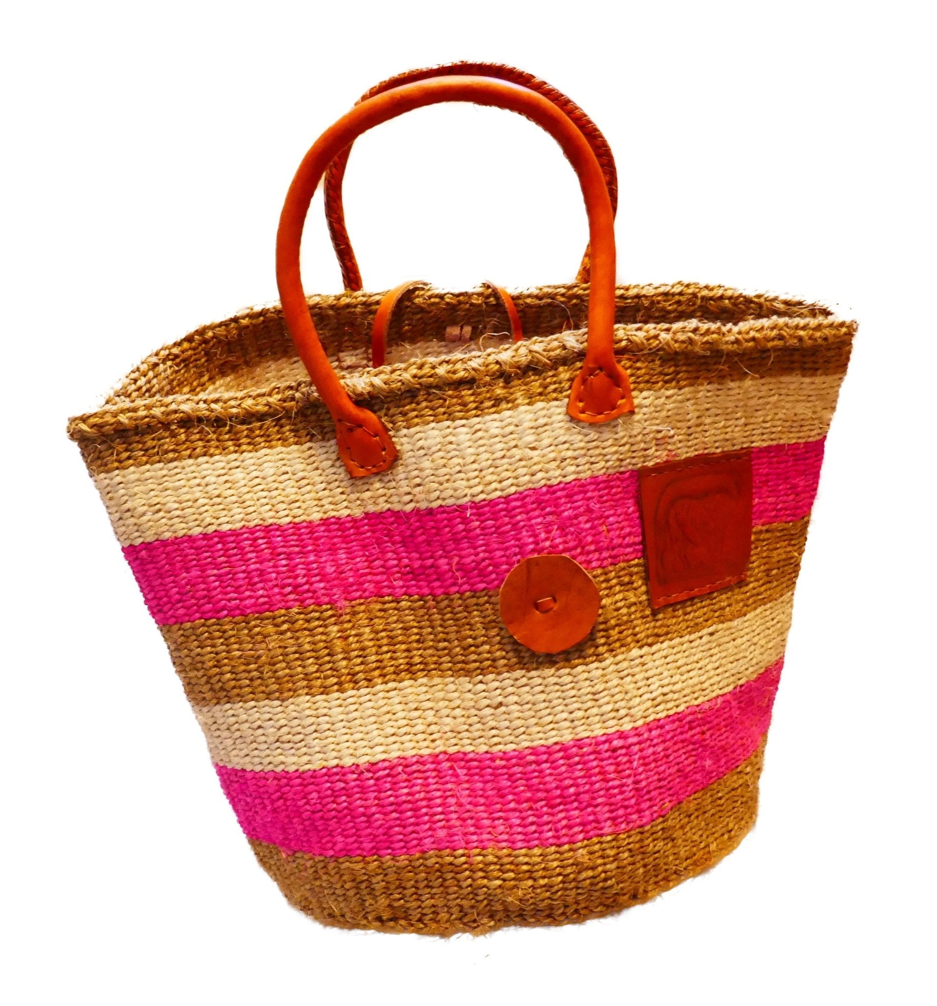 Large African Sisal Tote Bag // Shopping Beach Bag // Leather handles // Wild Animal motif // Pinks & natural - FriendlyTradingCo