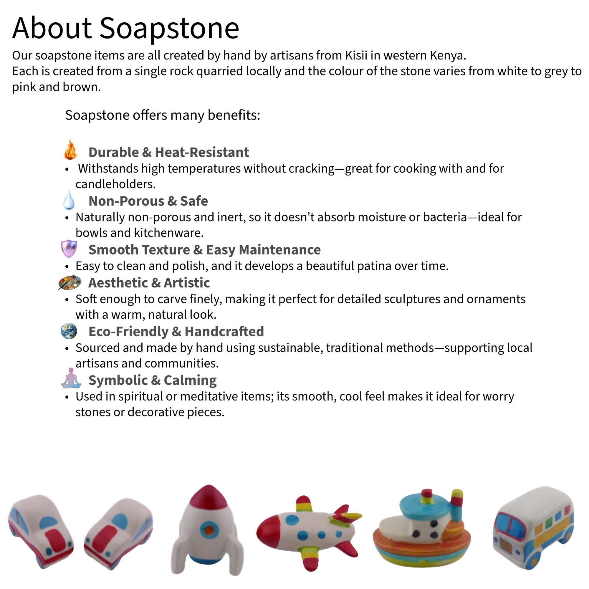 Mini stone vehicles // car, camper van, boat, aeroplane, and rocket // handcrafted in stone Sculpture // 7 cm // + storycard - FriendlyTradingCo