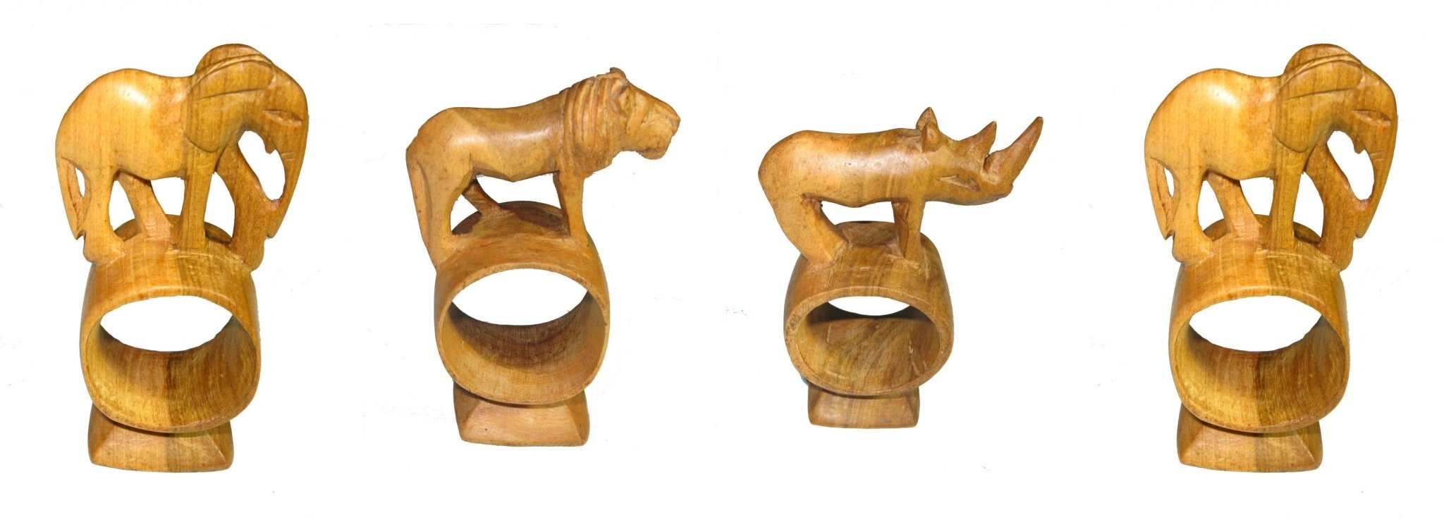 Olive Wood Napkin Ring // Elephant Rhino Lion Giraffe Zebra Leopard Designs // Handcrafted Napkin Holder Set or Single with Story - card - FriendlyTradingCo