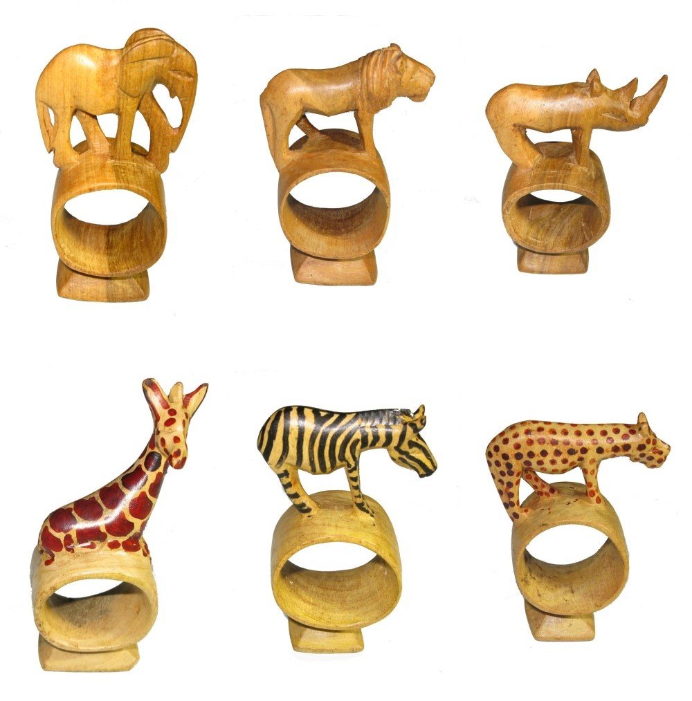 Olive Wood Napkin Ring // Elephant Rhino Lion Giraffe Zebra Leopard Designs // Handcrafted Napkin Holder Set or Single with Story - card - FriendlyTradingCo