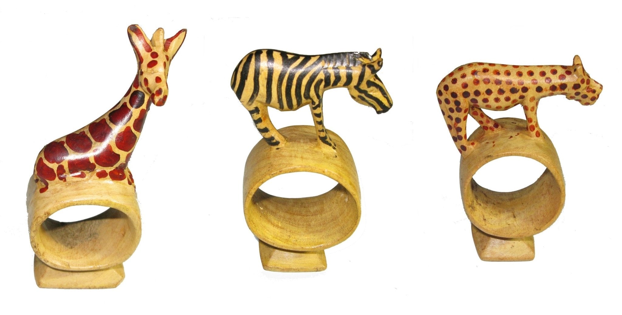 Olive Wood Napkin Ring // Elephant Rhino Lion Giraffe Zebra Leopard Designs // Handcrafted Napkin Holder Set or Single with Story - card - FriendlyTradingCo