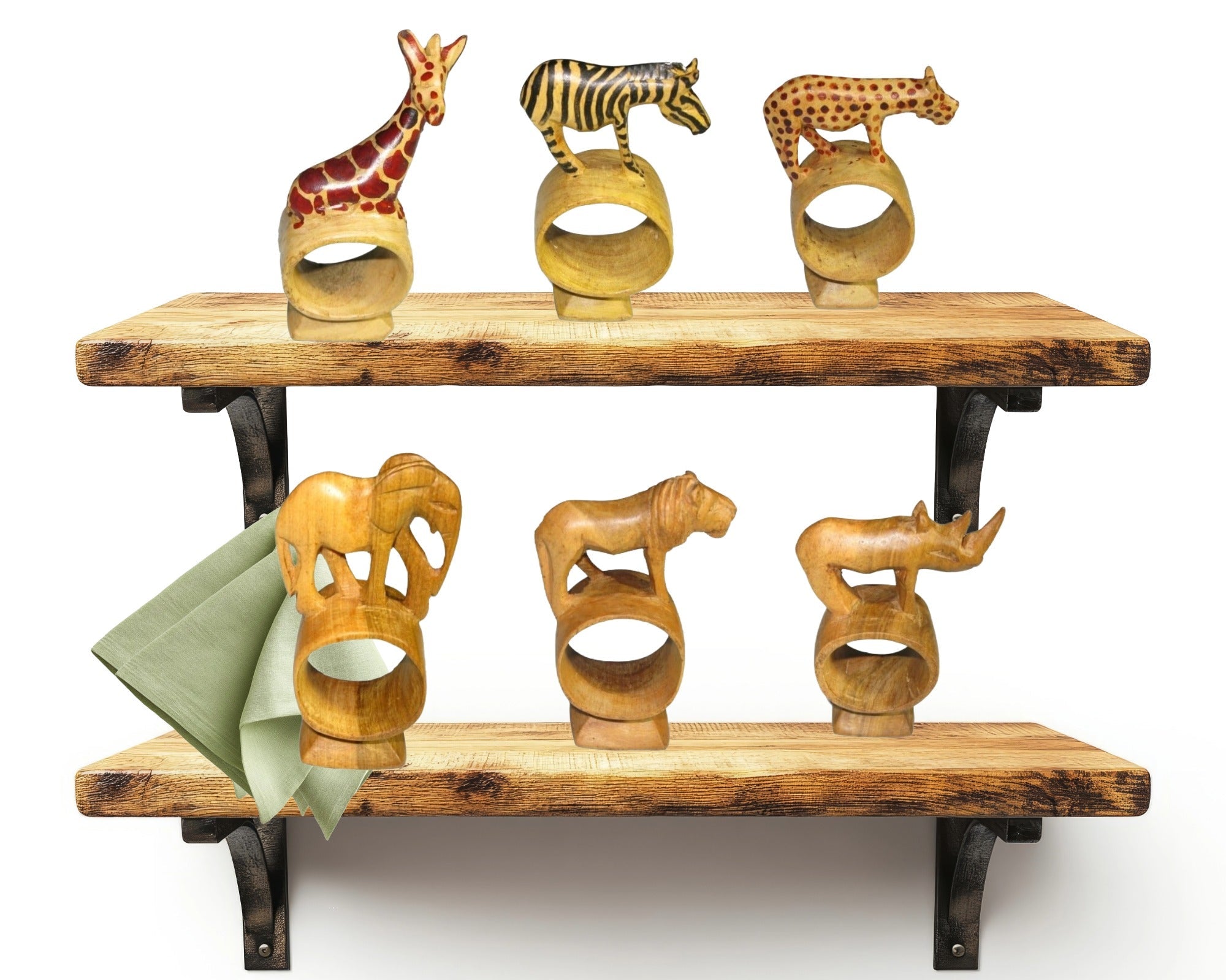 Olive Wood Napkin Ring // Elephant Rhino Lion Giraffe Zebra Leopard Designs // Handcrafted Napkin Holder Set or Single with Story - card - FriendlyTradingCo