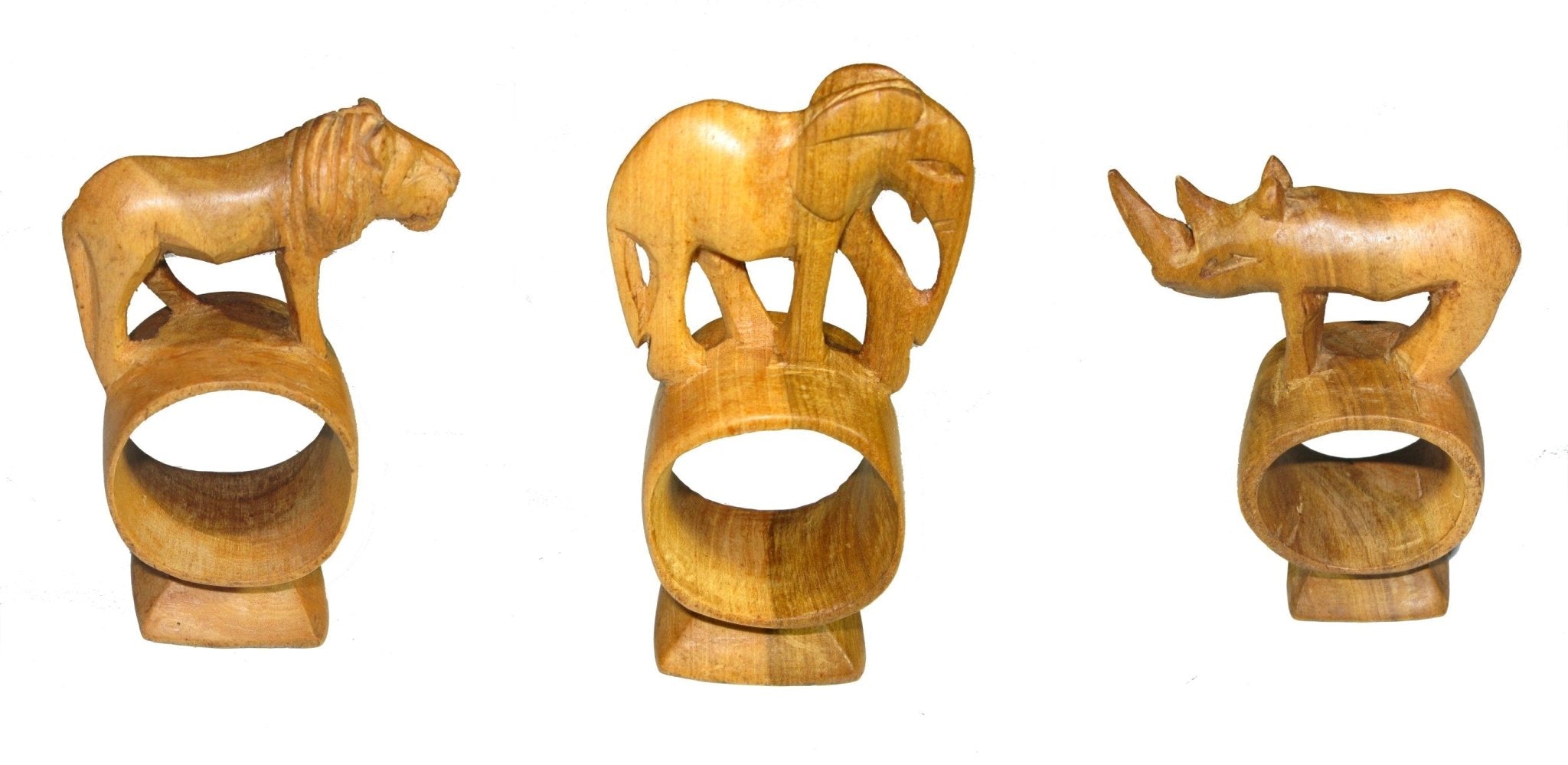Olive Wood Napkin Ring // Elephant Rhino Lion Giraffe Zebra Leopard Designs // Handcrafted Napkin Holder Set or Single with Story - card - FriendlyTradingCo
