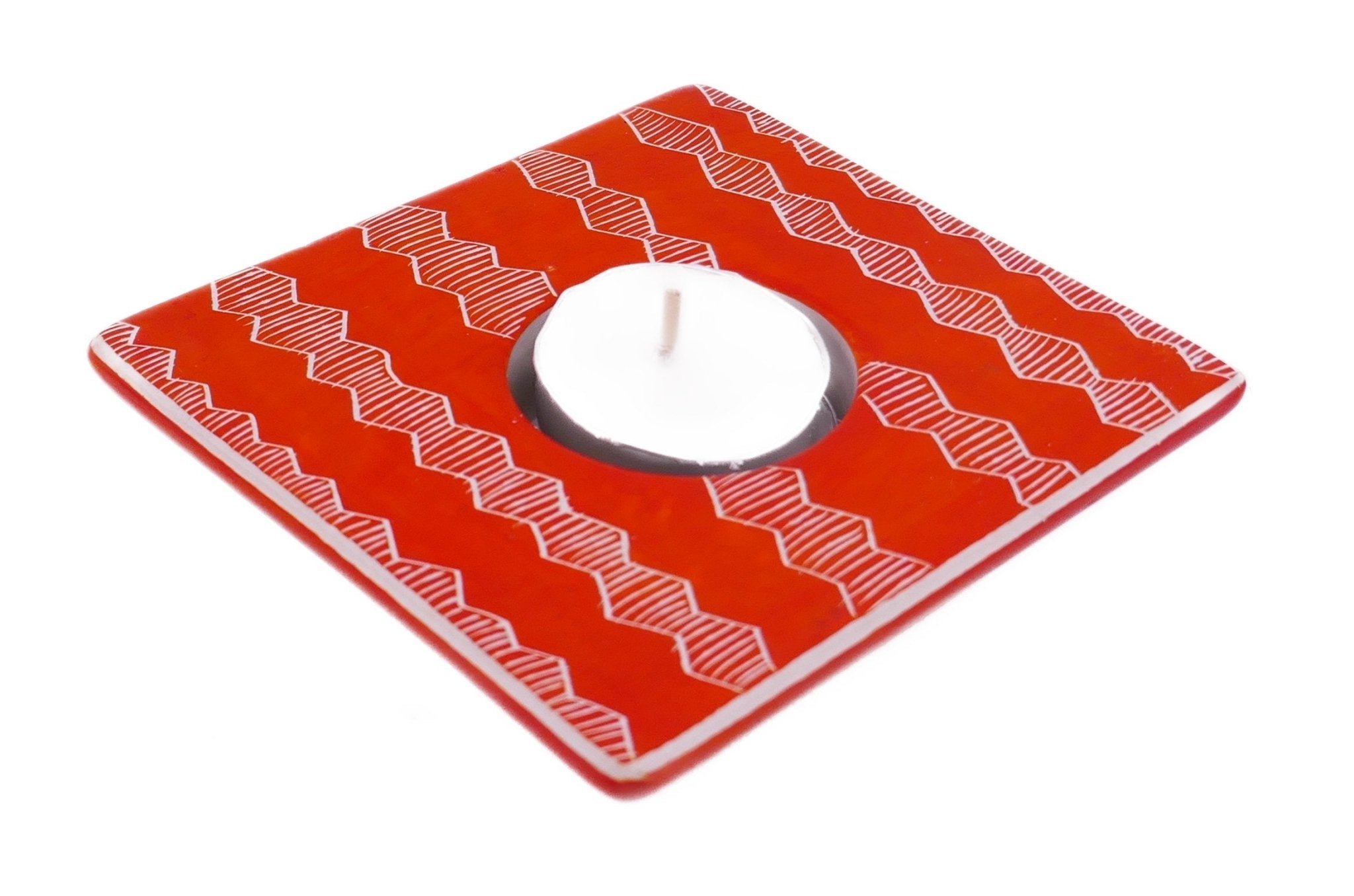 Quad Tealight Holder stone sculpture hand made 10cm Orange or Lush Green with Storycard - FriendlyTradingCo