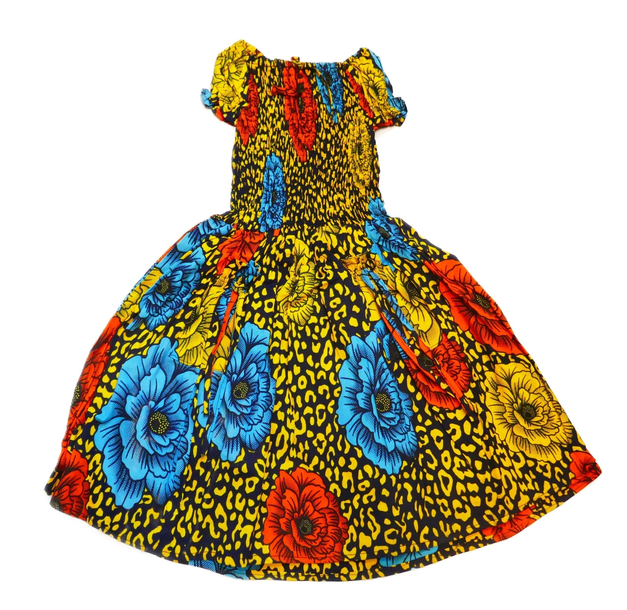 Ruffle Sleeve Square Neck Textured Casual Vacation Dress Girls // African Dashiki colours // Age Guide from 3 - 5 // Design: Blue Flowers - FriendlyTradingCo