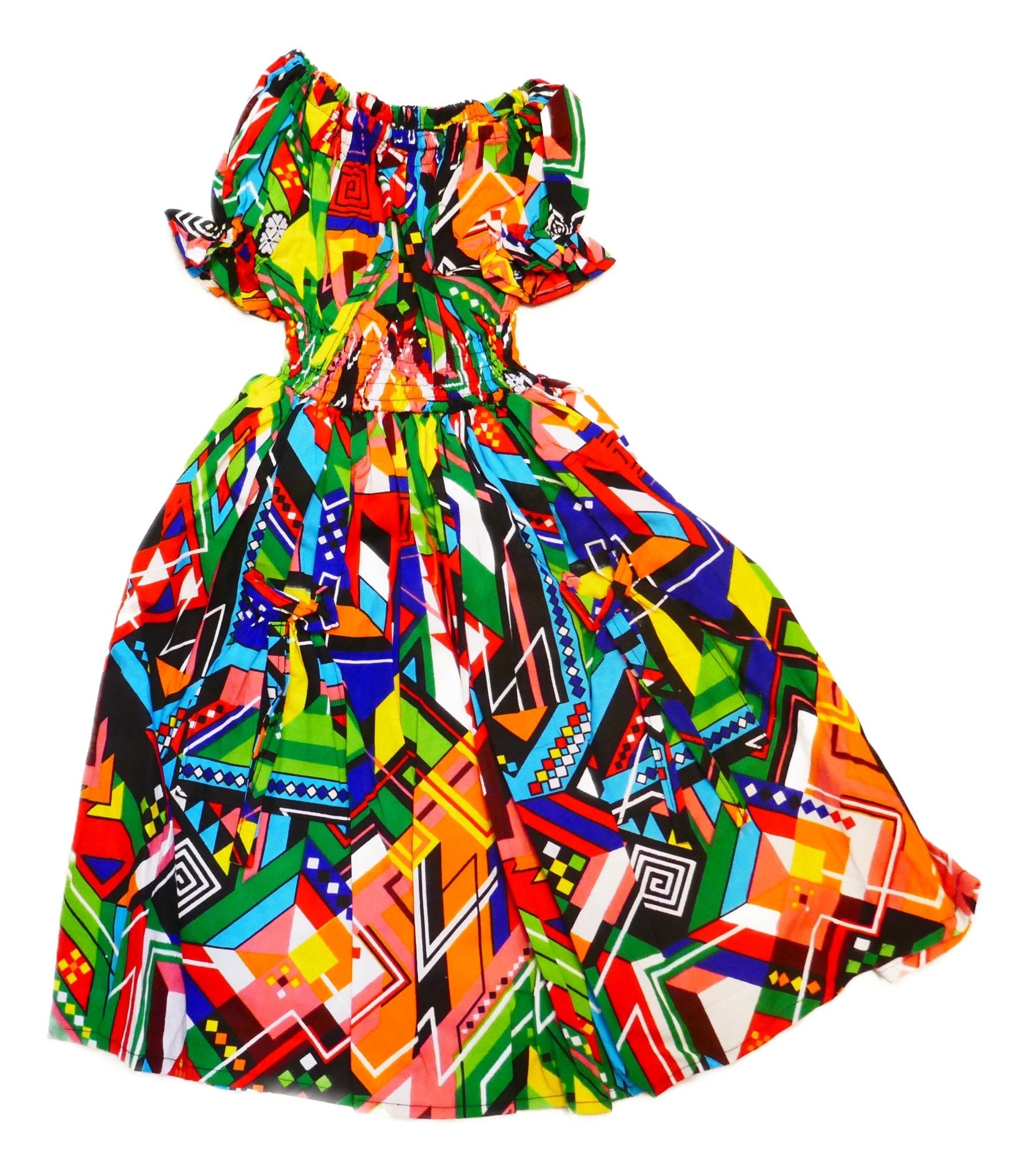 Ruffle Sleeve Square Neck Textured Casual Vacation Dress Girls // African Dashiki colours // Age Guide from 3 - 5 // Design: Dazzle - FriendlyTradingCo