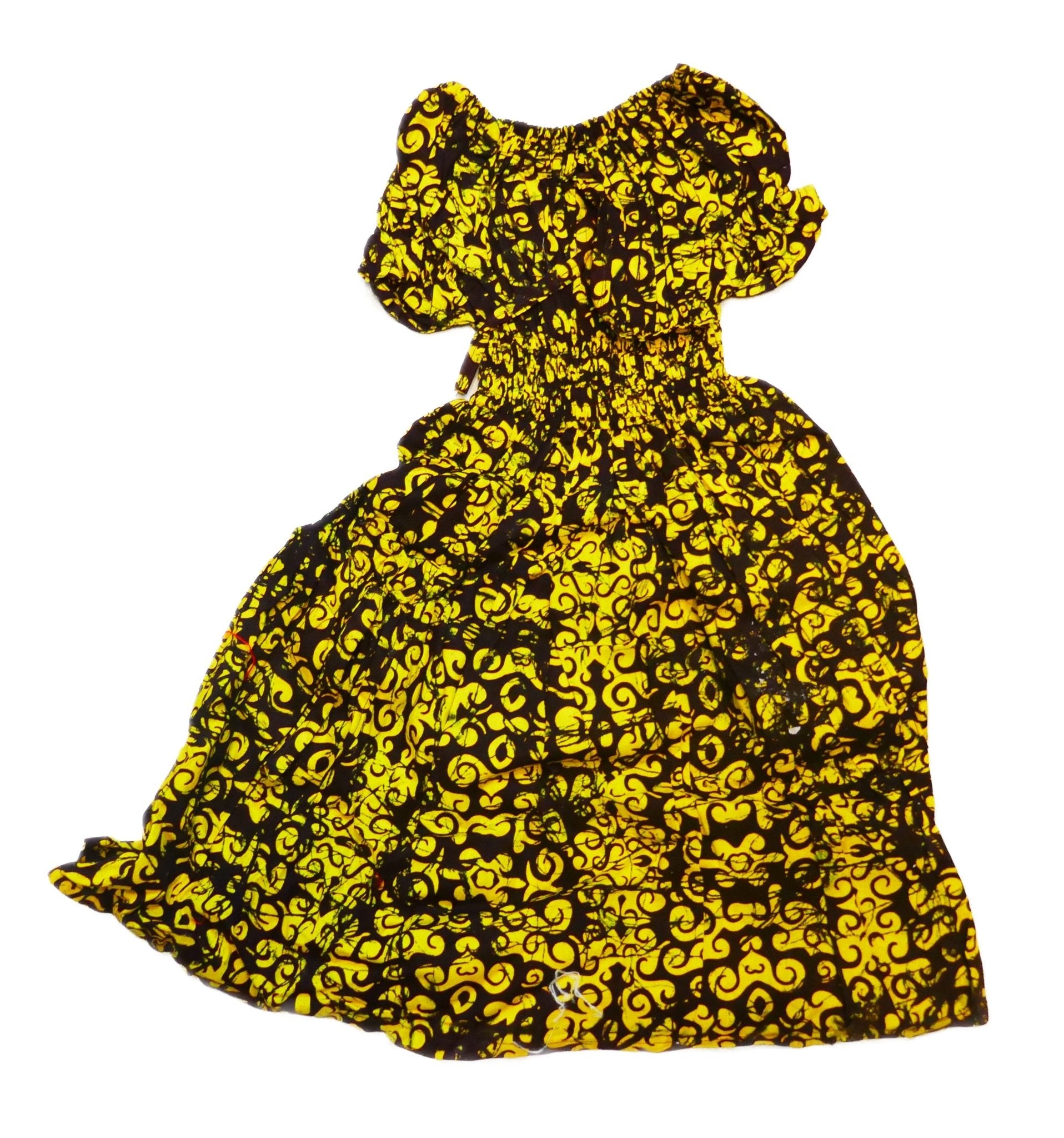 Ruffle Sleeve Square Neck Textured Casual Vacation Dress Girls // African Dashiki colours // Age Guide from 3 - 5 // Design: Gold Swirl - FriendlyTradingCo