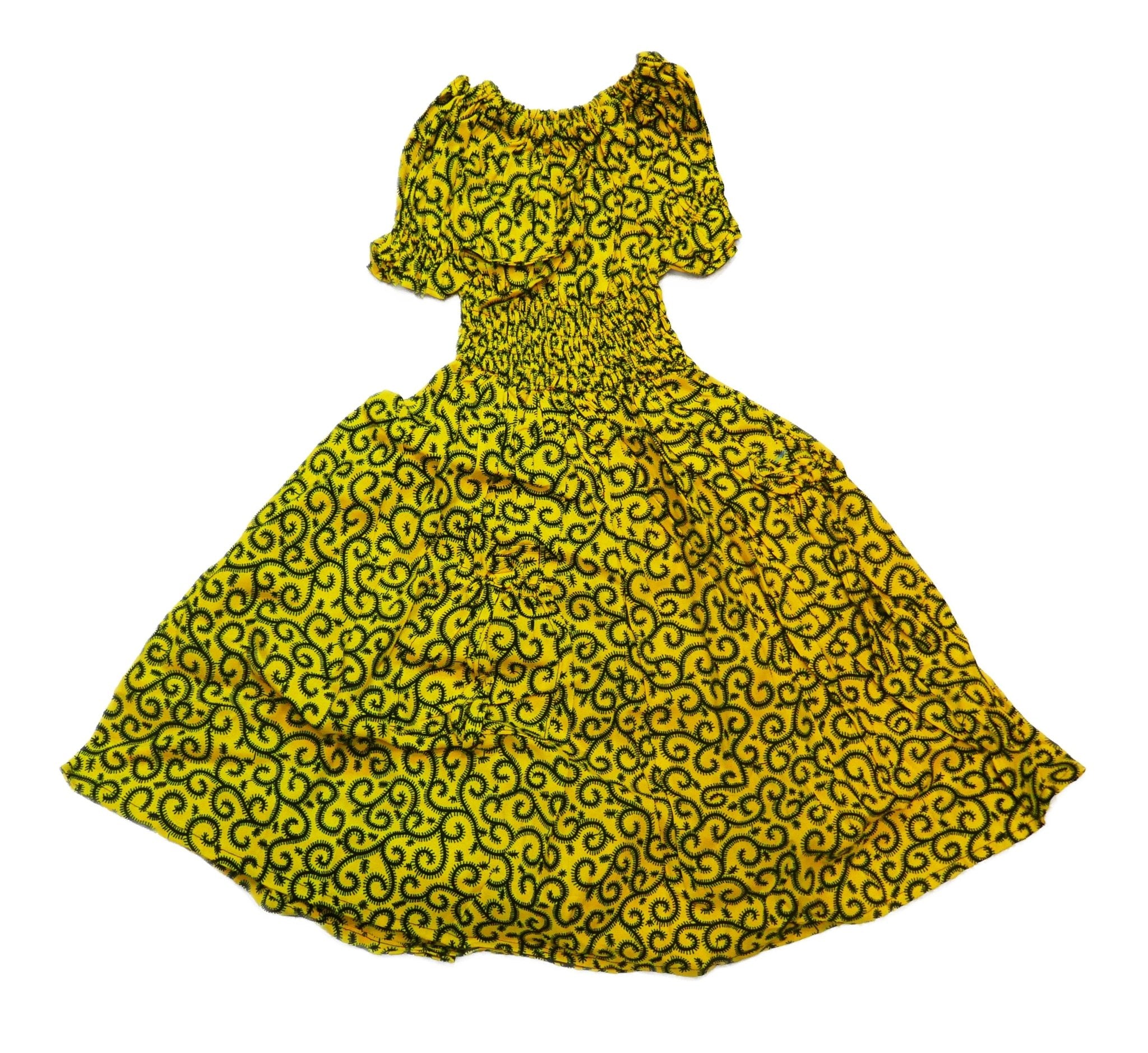 Ruffle Sleeve Square Neck Textured Casual Vacation Dress Girls // African Dashiki colours // Age Guide from 3 - 5 // Design: Golden - FriendlyTradingCo