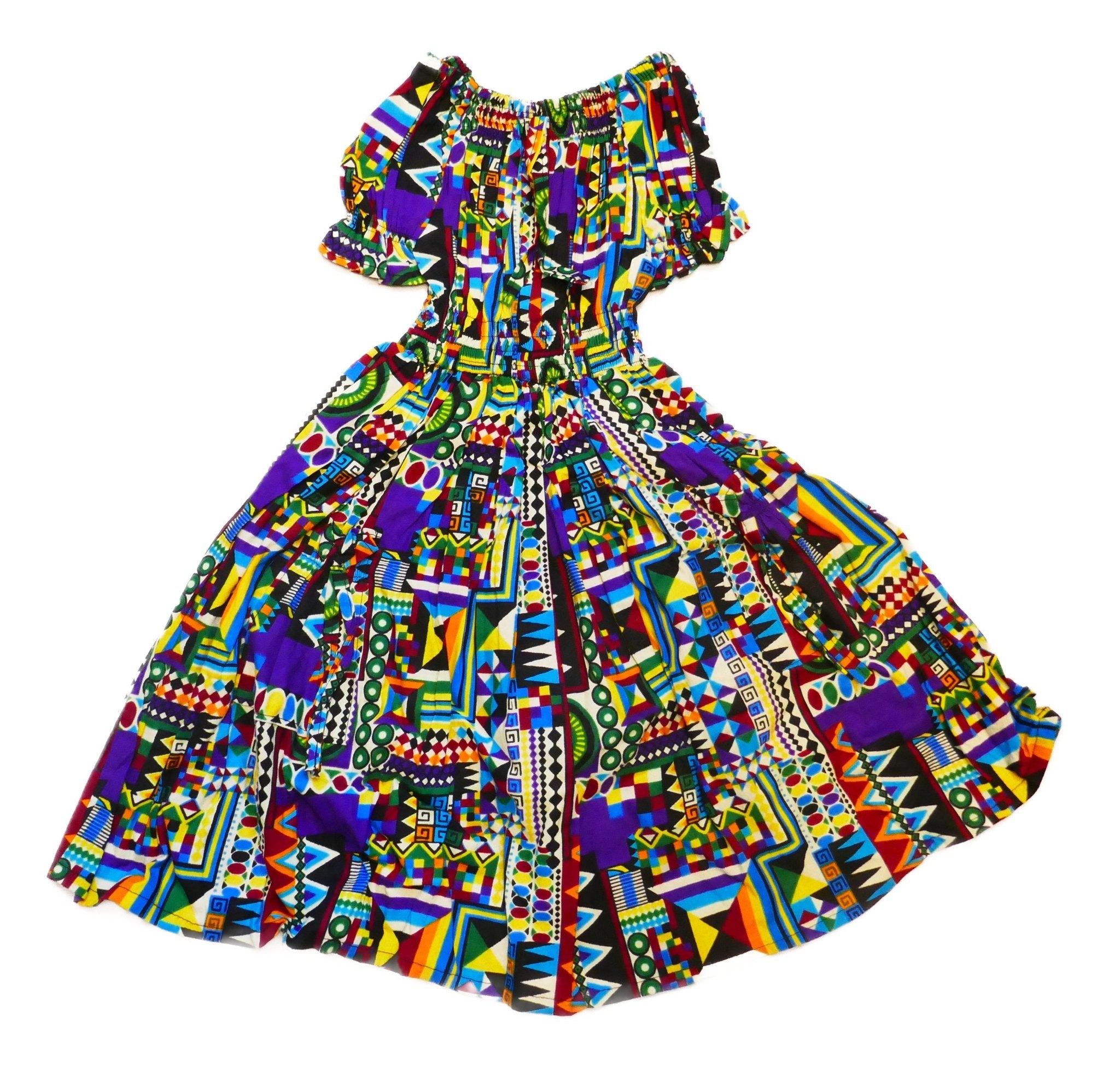 Ruffle Sleeve Square Neck Textured Casual Vacation Dress Girls // African Dashiki colours // Age Guide from 3 - 5 // Design: Purple Prize - FriendlyTradingCo