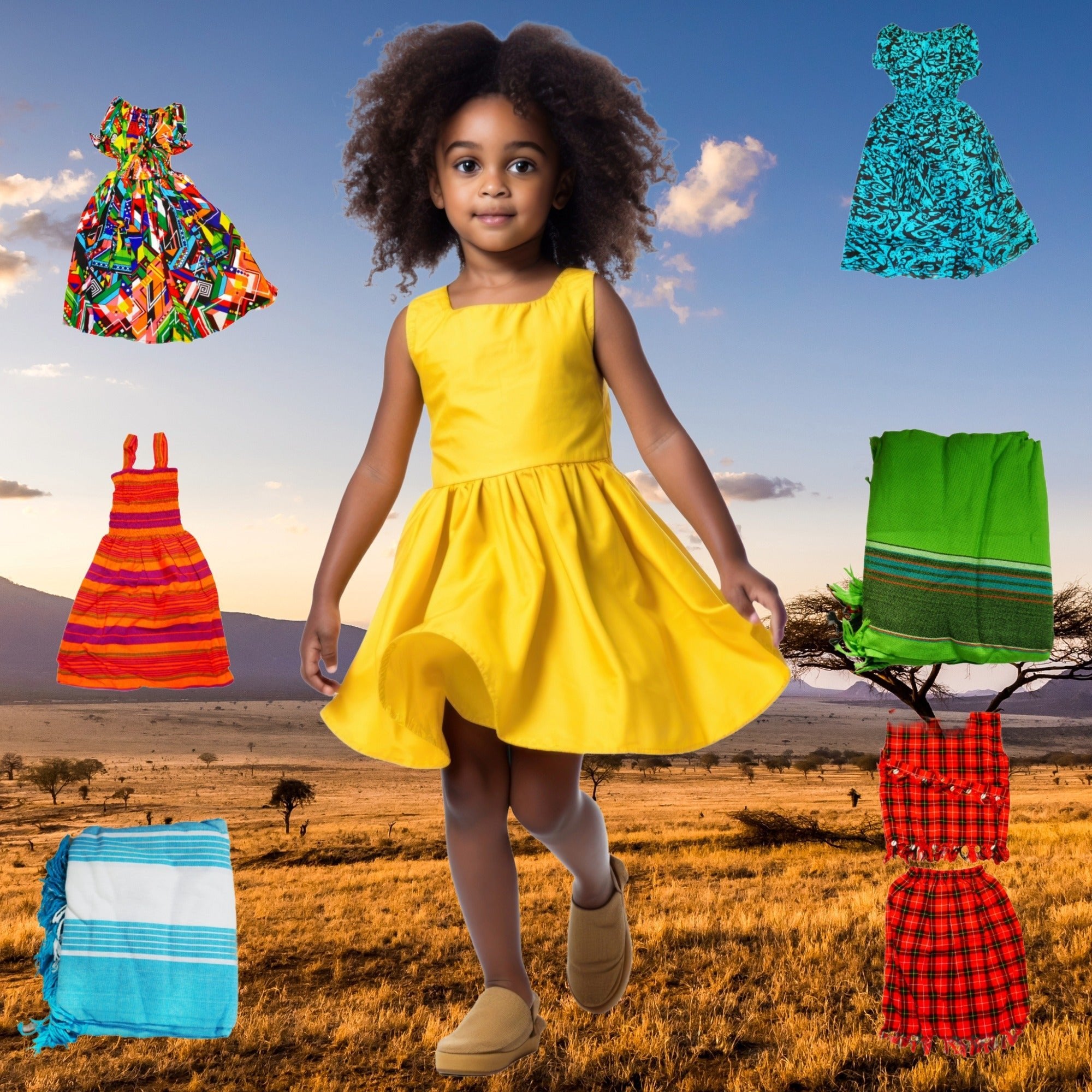 Ruffle Strapped Square Neck Textured Casual Vacation Dress Girls // African Dashiki colours // Age Guide from 3 - 5 // Design: Paddling Blue - FriendlyTradingCo