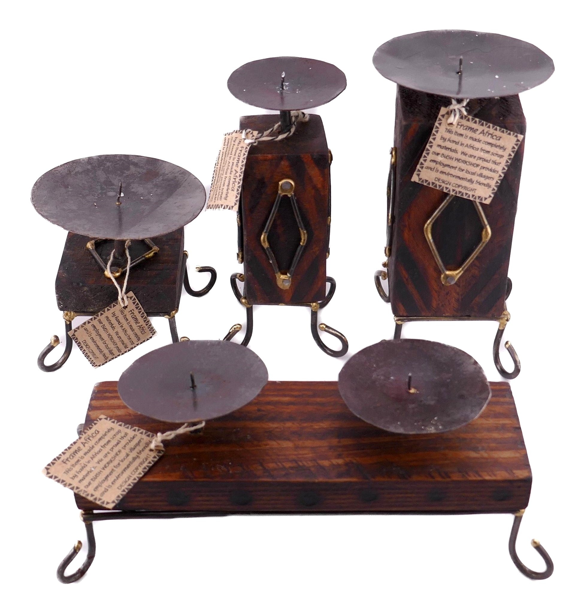 Set of African Wood & Metal Tealight and Candle Holders // Single / Double / Triple // Handcrafted with candle & Storycard - FriendlyTradingCo