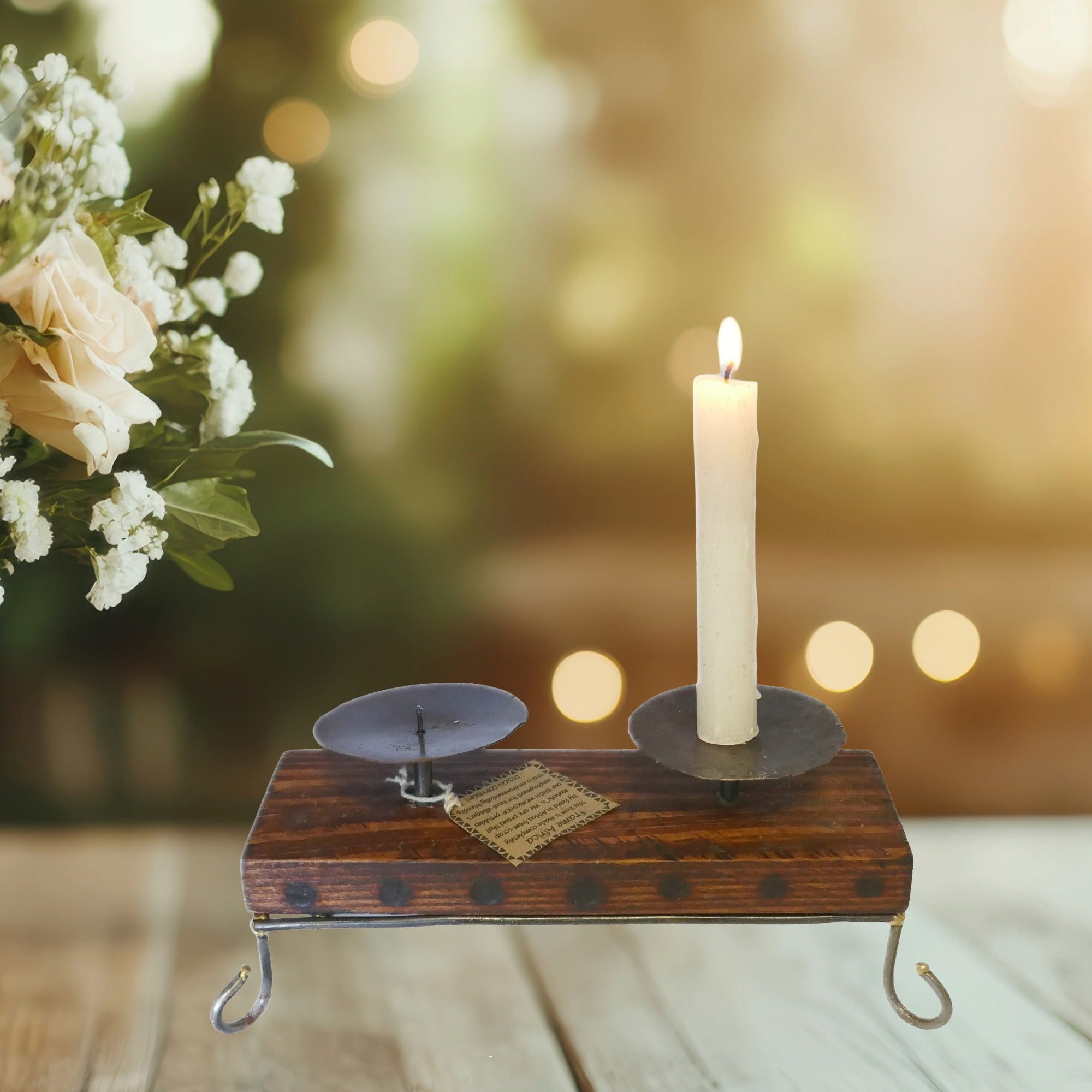 Set of African Wood & Metal Tealight and Candle Holders // Single / Double / Triple // Handcrafted with Storycard - FriendlyTradingCo