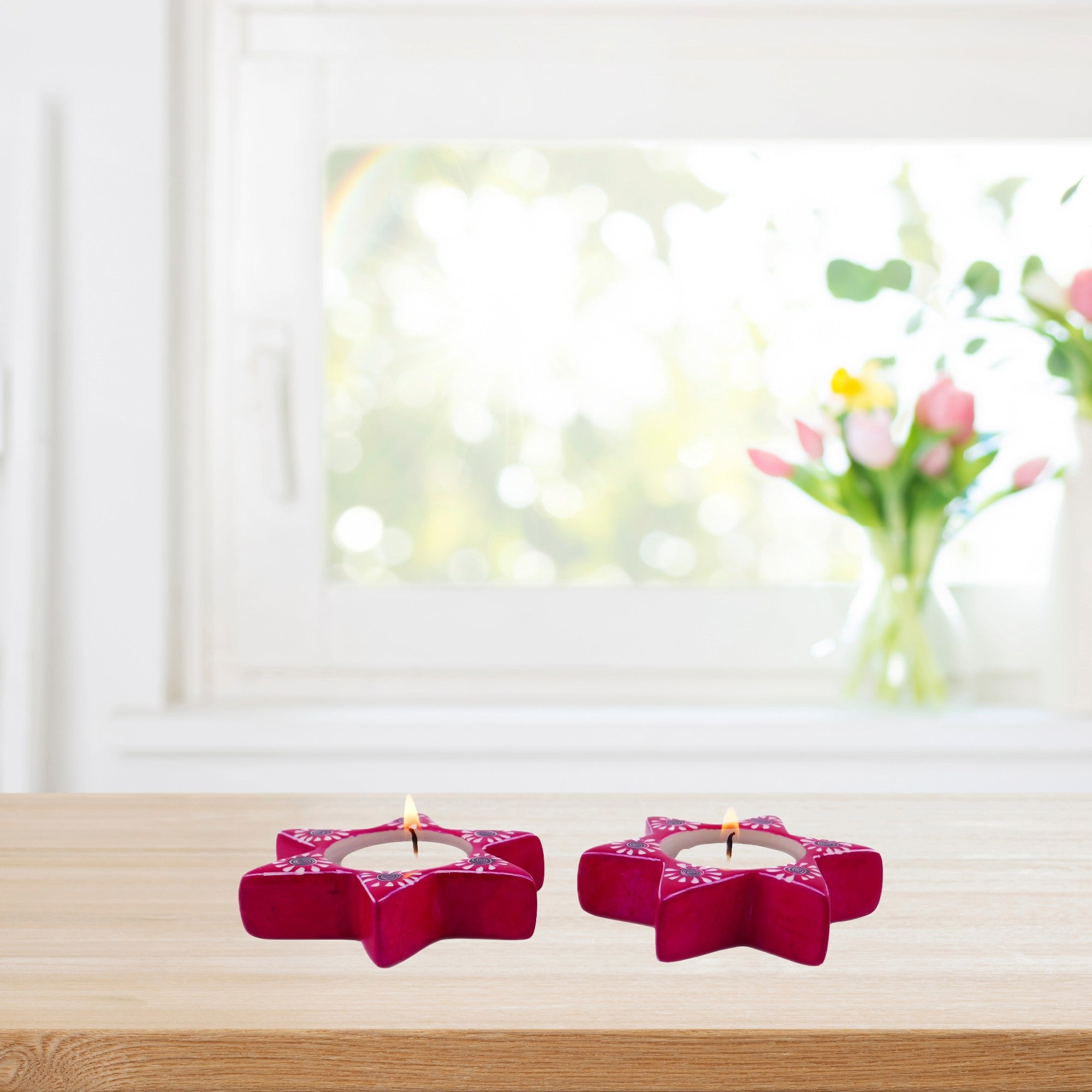 Star Tealight Holder stone sculpture hand made 9cm Red or Soft Gold with Storycard - FriendlyTradingCo