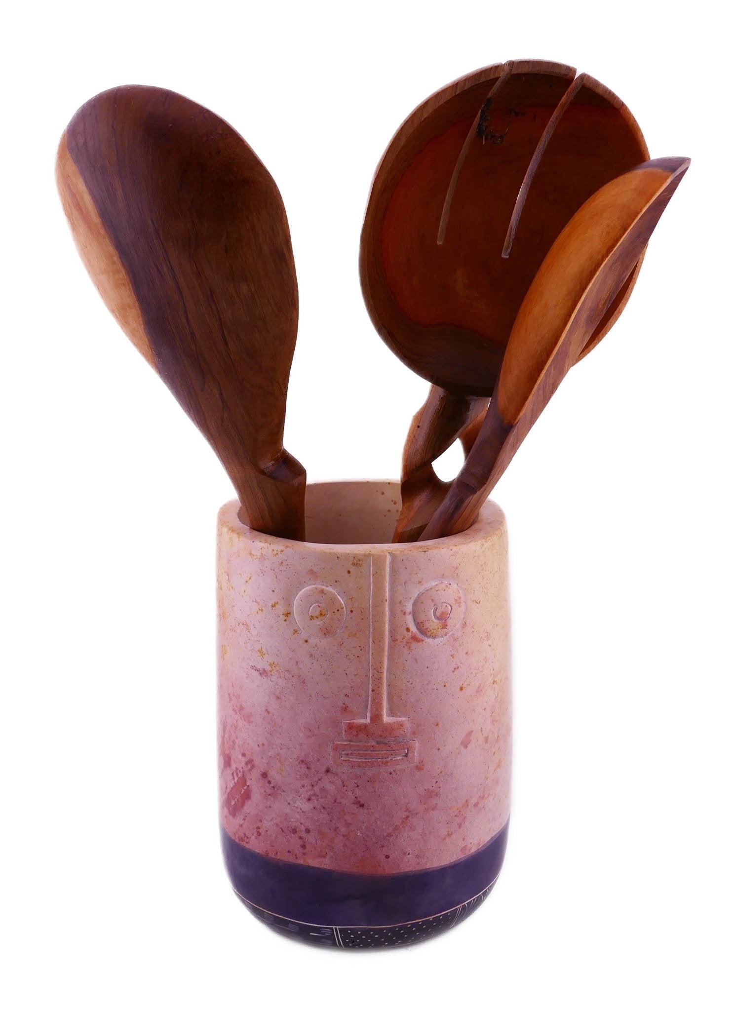 Stone Kitchen Utensil Holder African warrior face design .. hand made 16cm 1.5 kg // with Storycard // Blue stripe - FriendlyTradingCo