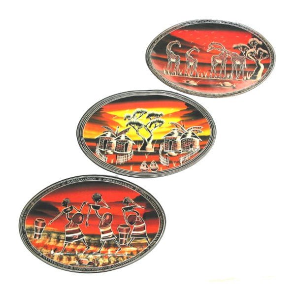 Stone Oval Display Plate 12 inch / 30 cm // 3 Designs: African Dancers / Village Sunset / Giraffe Family // with Story - card - FriendlyTradingCo