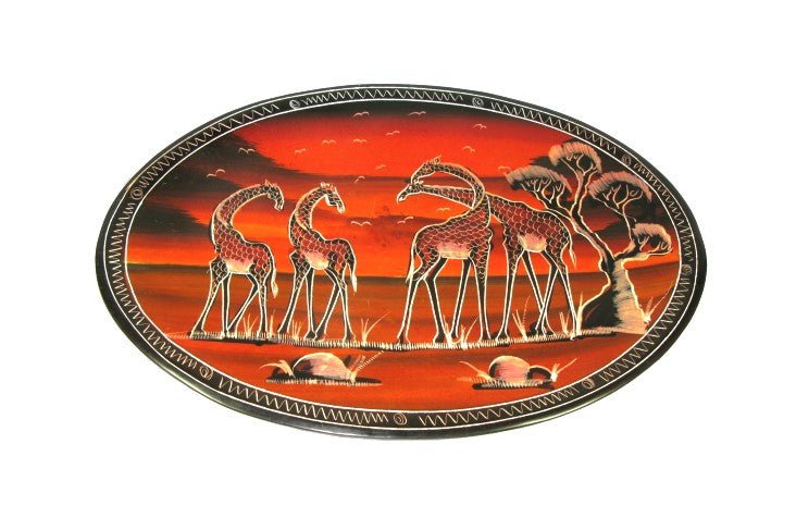Stone Oval Display Plate 12 inch / 30 cm // 3 Designs: African Dancers / Village Sunset / Giraffe Family // with Story - card - FriendlyTradingCo