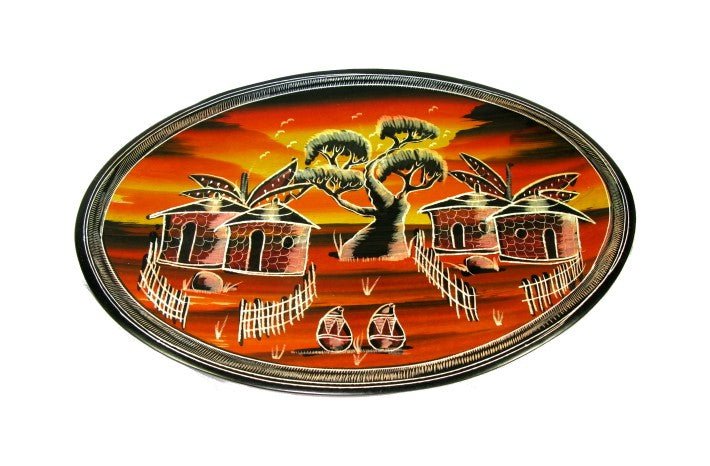 Stone Oval Display Plate 12 inch / 30 cm // 3 Designs: African Dancers / Village Sunset / Giraffe Family // with Story - card - FriendlyTradingCo