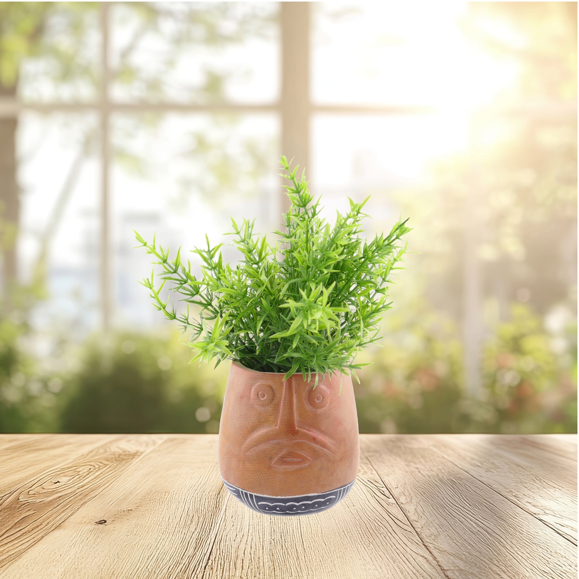 Stone Planter Plant Pot African warrior face design hand made 10cm with Storycard Orange or Blue Stripe - FriendlyTradingCo