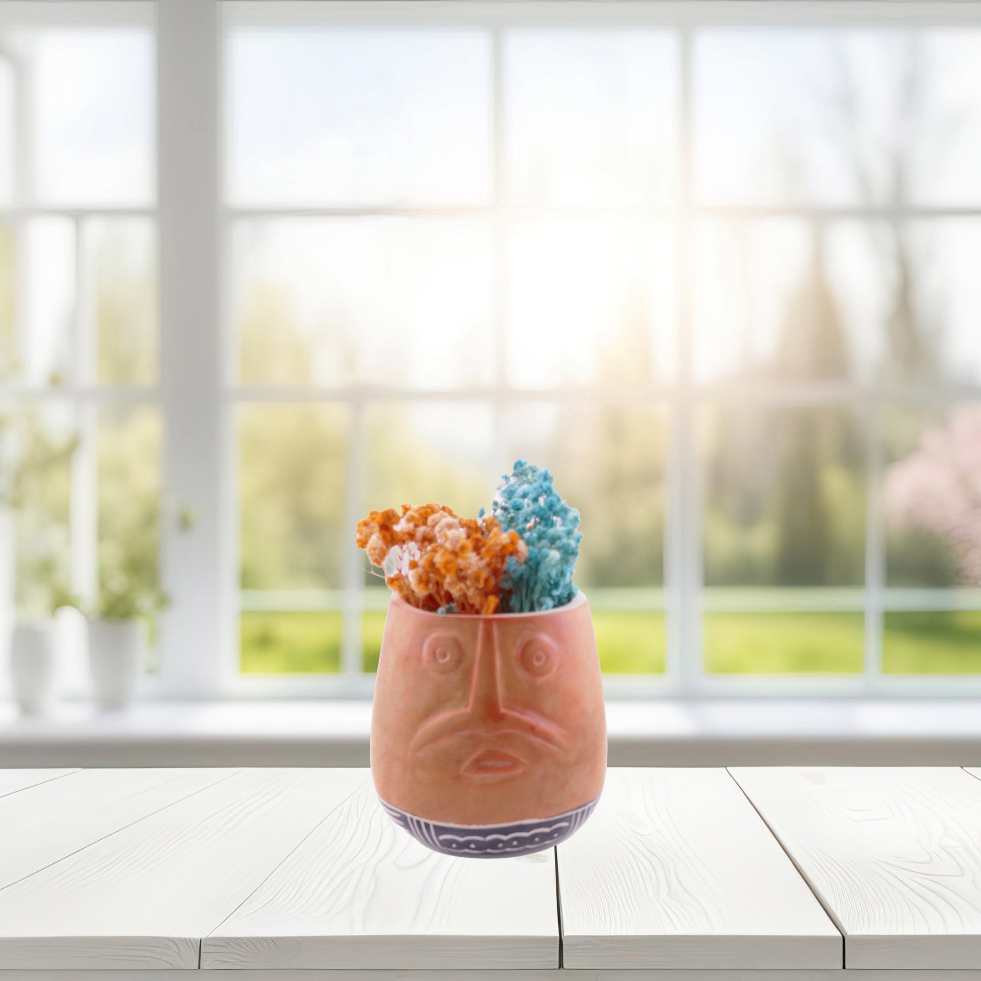 Stone Planter Plant Pot African warrior face design hand made 10cm with Storycard Orange or Blue Stripe - FriendlyTradingCo