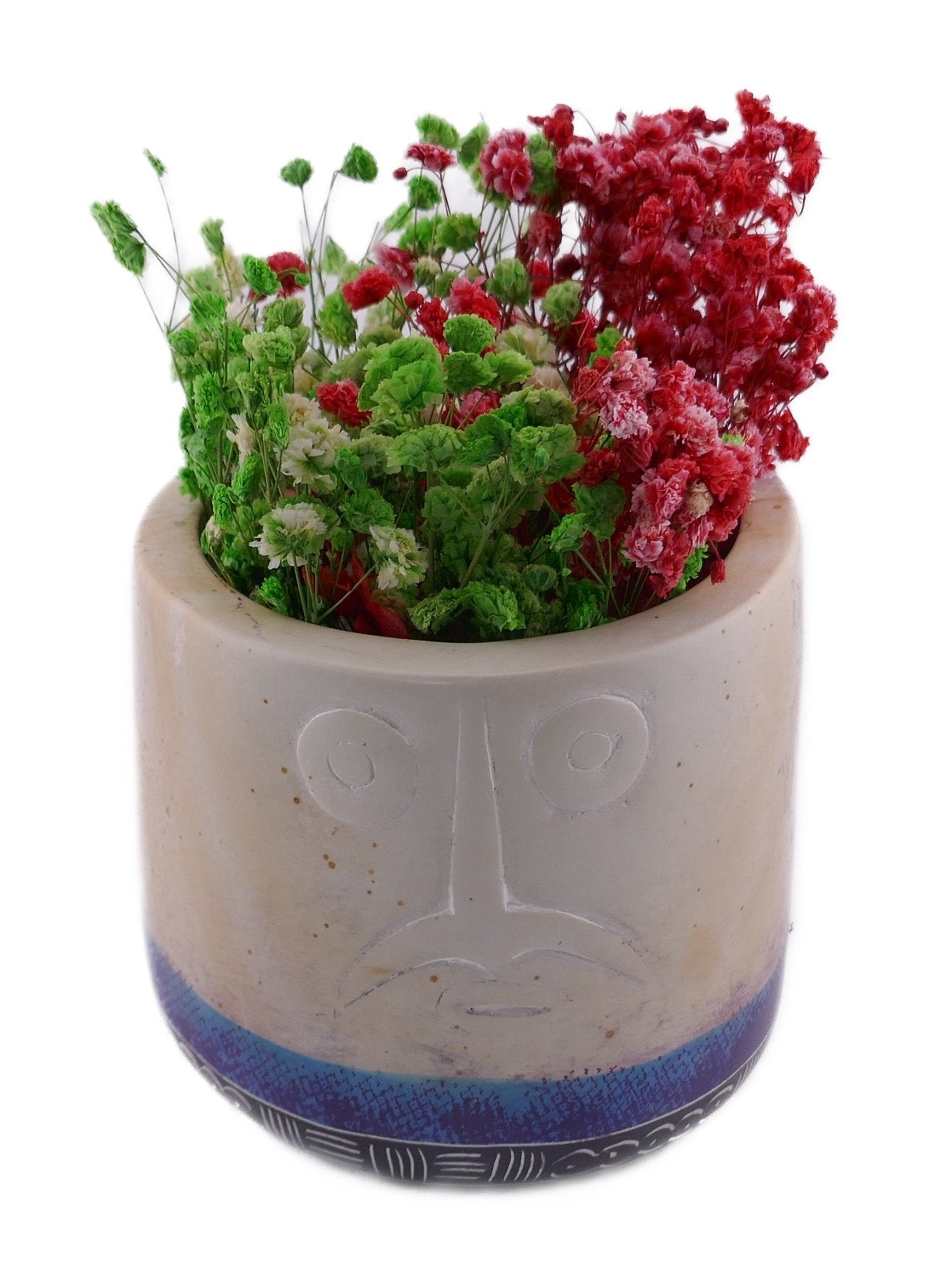 Stone Planter Plant Pot African warrior face design hand made 10cm with Storycard Orange or Blue Stripe - FriendlyTradingCo