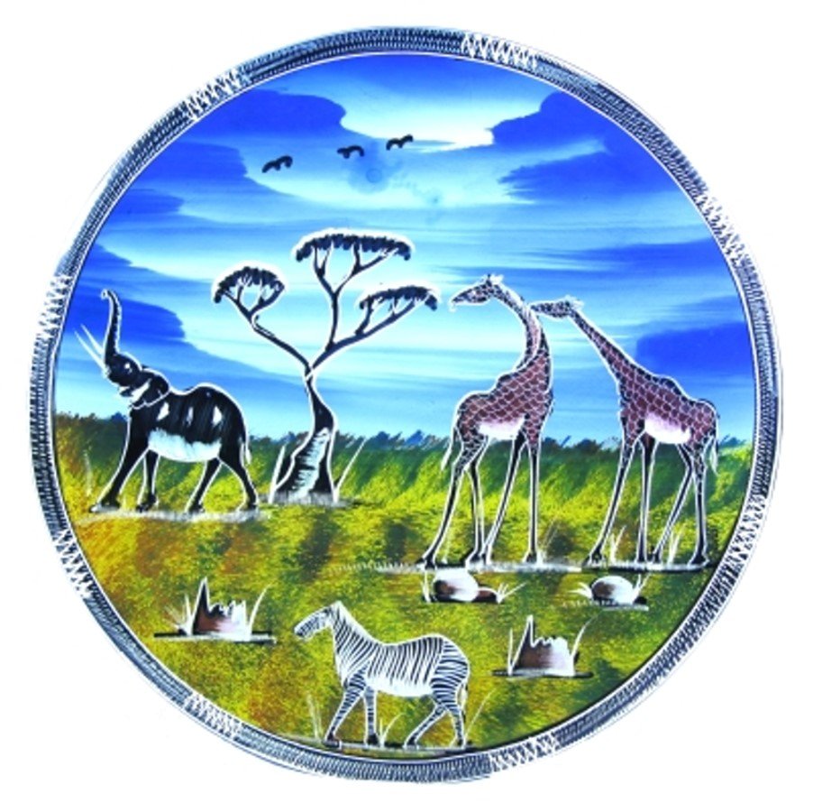 Stone Plate with African Wildlife Savannah design // Round Display or Fruit Plate 12 inch / 30 cm // with Story - card - FriendlyTradingCo