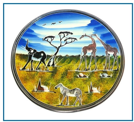 Stone Plate with African Wildlife Savannah design // Round Display or Fruit Plate 12 inch / 30 cm // with Story - card - FriendlyTradingCo