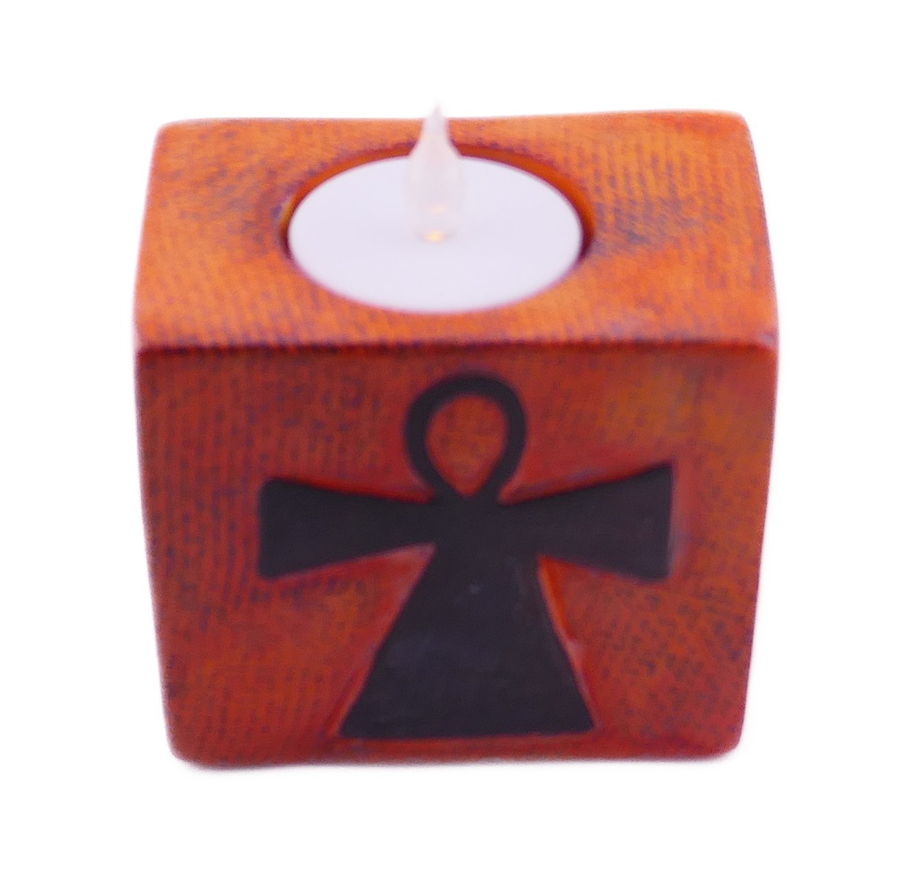 Stone Tealight Holder Egyptian Ankh Cross Symbol of Life Rectangle 8cm B&W or Orange with Storycard - FriendlyTradingCo