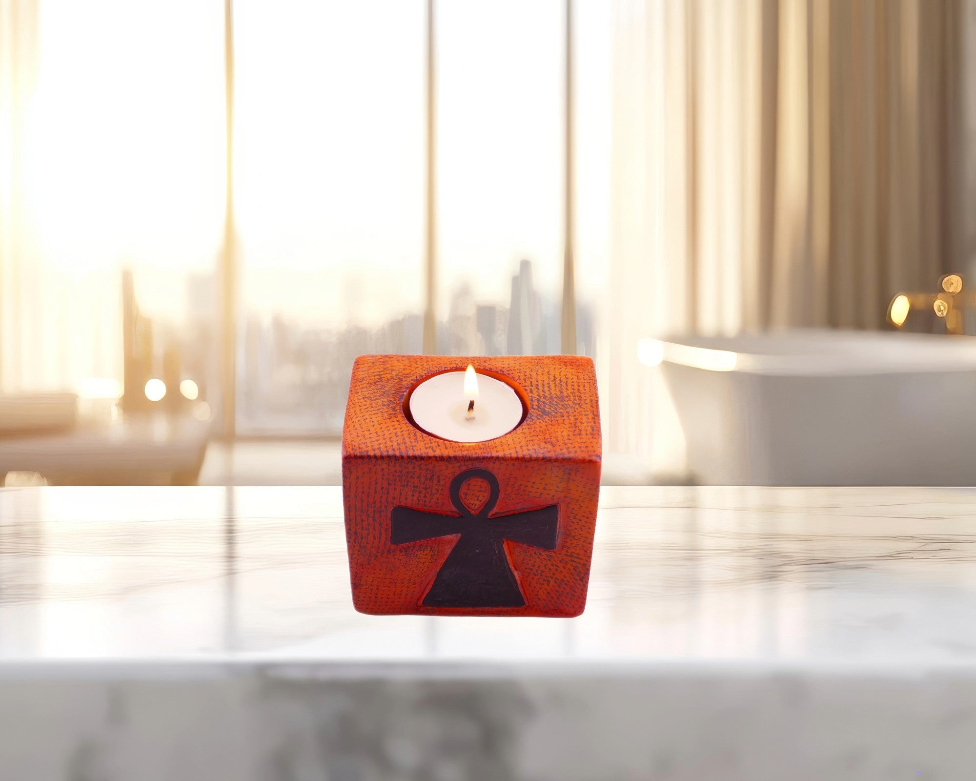 Stone Tealight Holder Egyptian Ankh Cross Symbol of Life Rectangle 8cm B&W or Orange with Storycard - FriendlyTradingCo